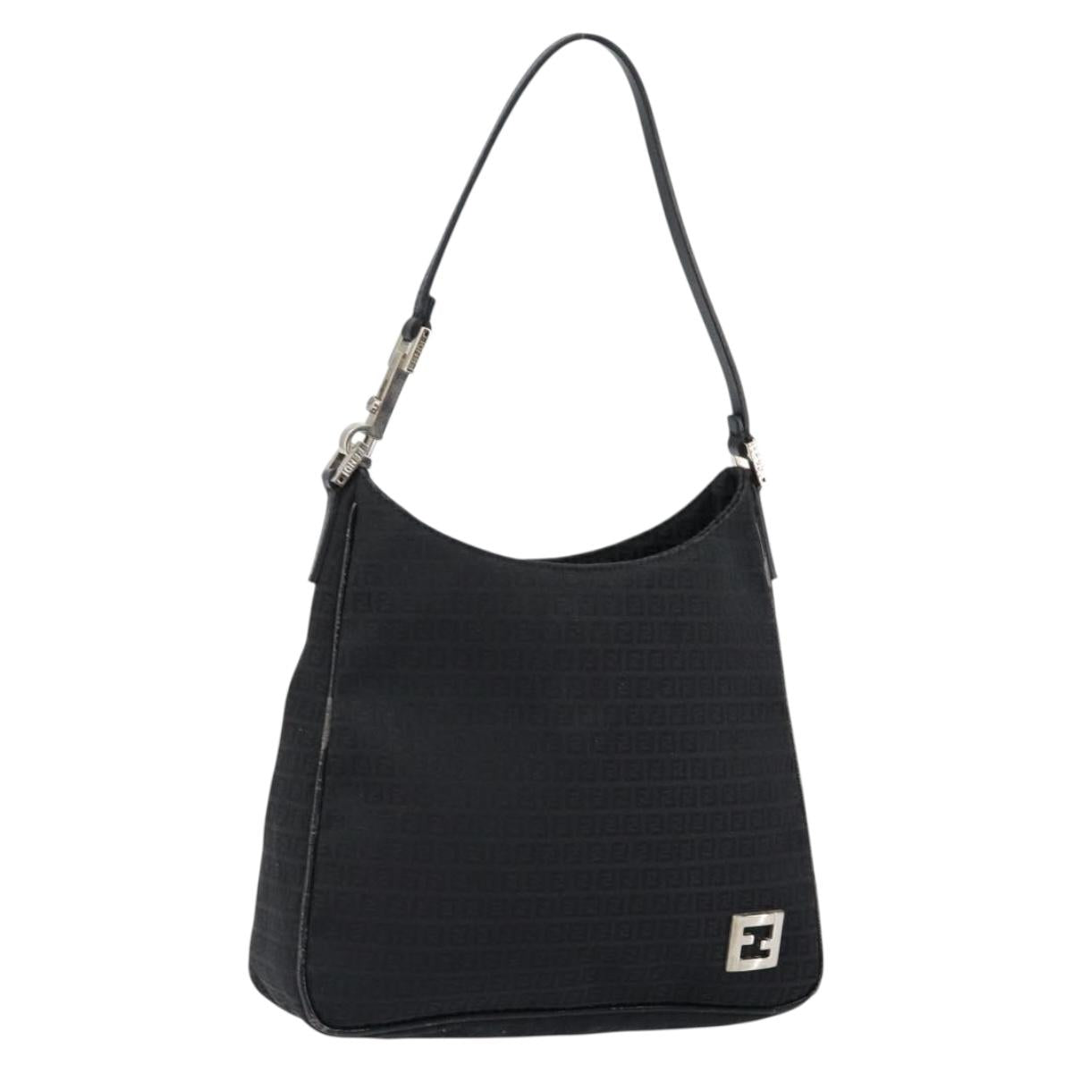 FENDI Zucchino Canvas Shoulder Bag Black Silver Auth 149754