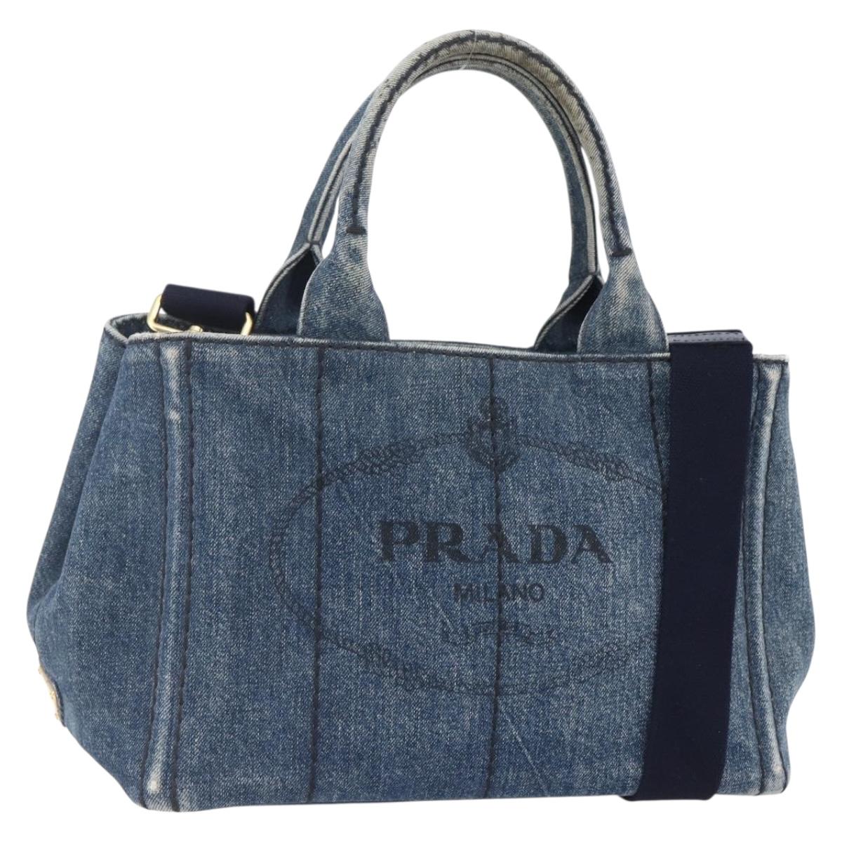 PRADA Canapa PM Hand Bag Denim 2way Blue Gold Auth 149755