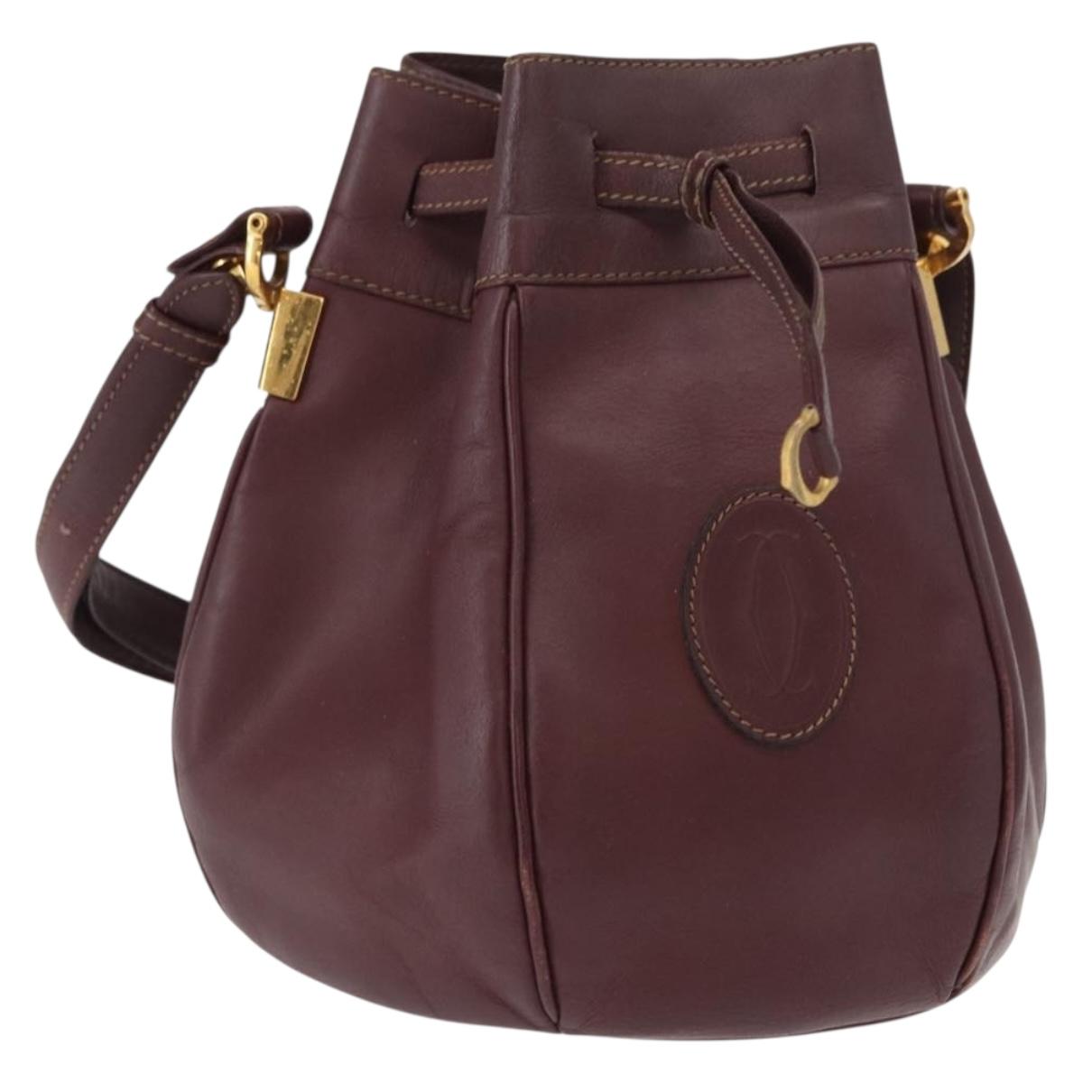 CARTIER Must Line Shoulder Bag Leather Bordeaux Gold Auth 149759