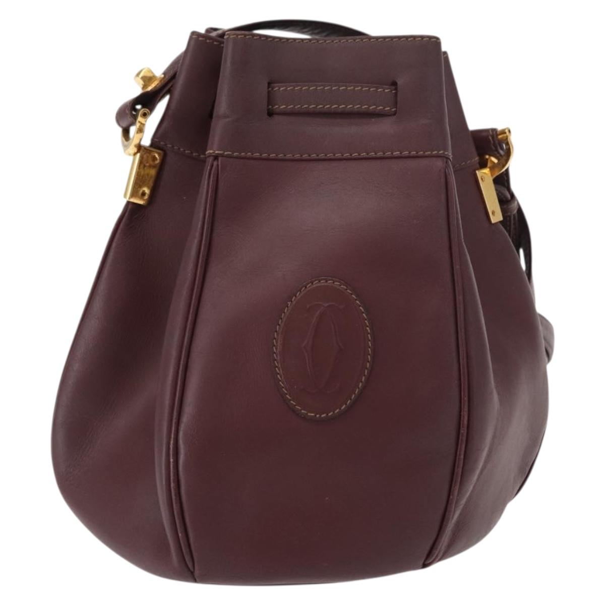 CARTIER Must Line Shoulder Bag Leather Bordeaux Gold Auth 149759