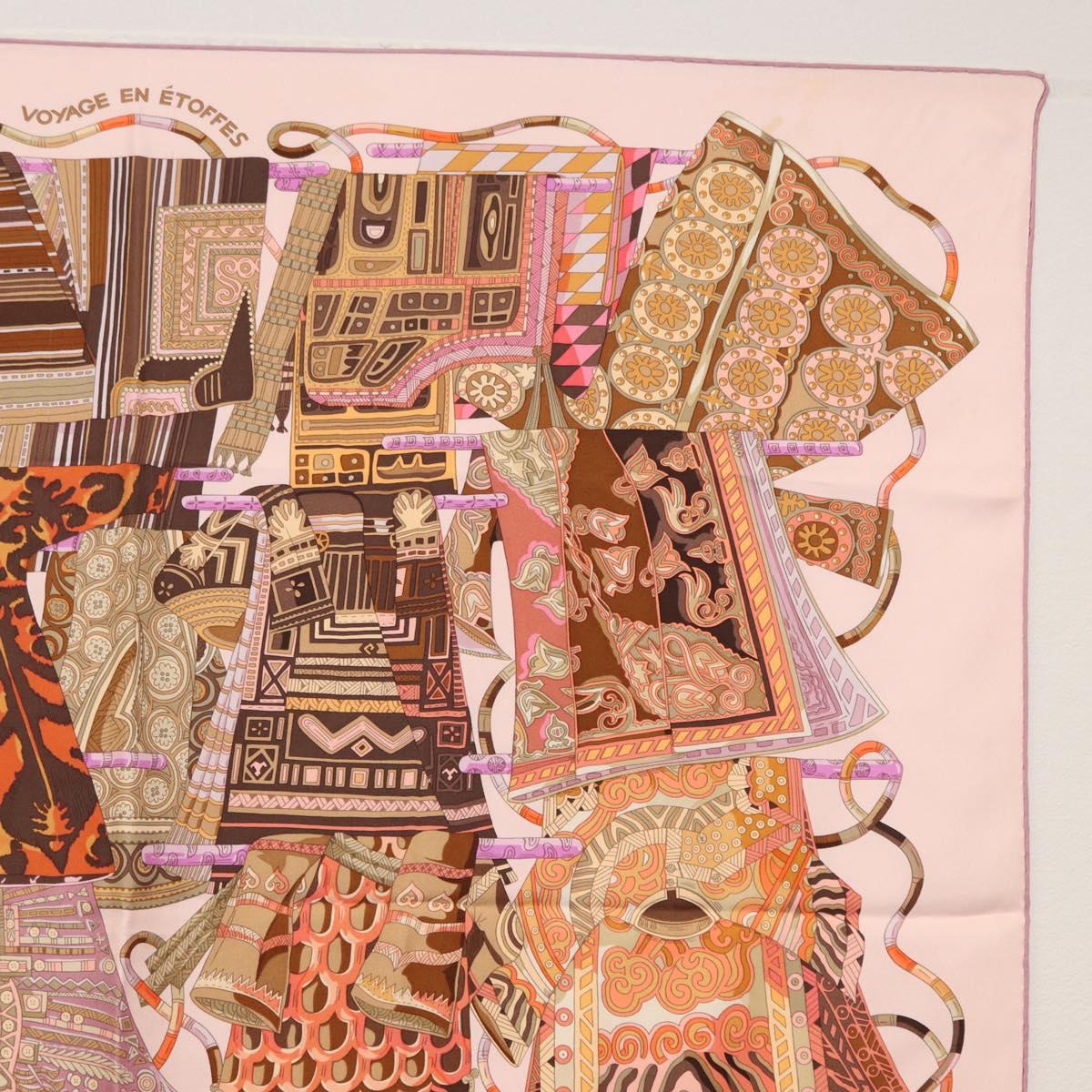 HERMES Carre 90 Scarf Silk ""VOYAGE EN ETOFFES"" Pink Auth 149767