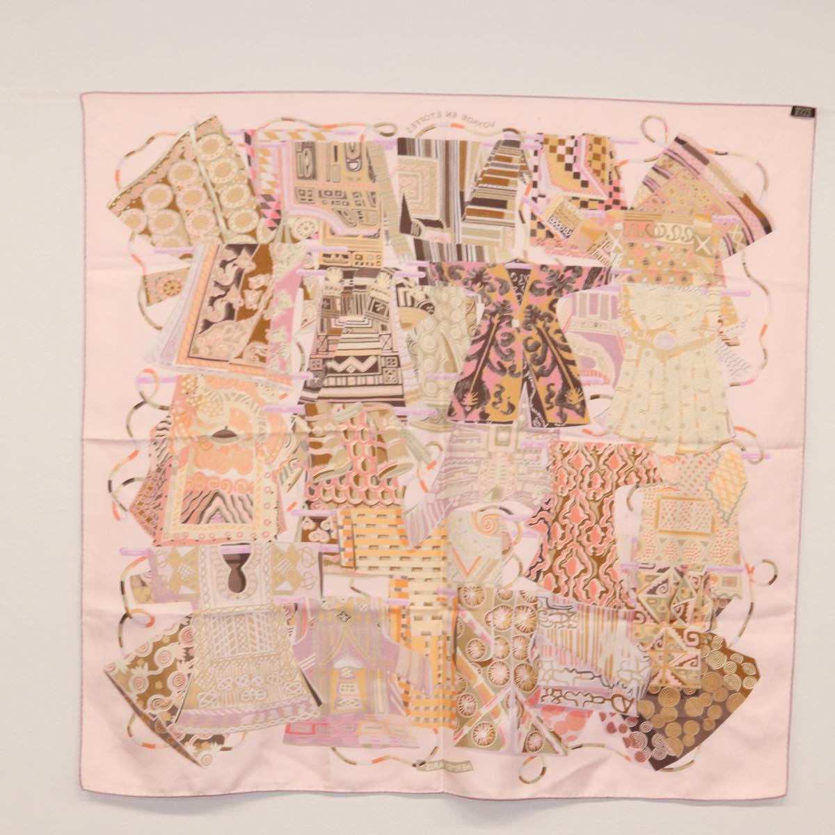 HERMES Carre 90 Scarf Silk ""VOYAGE EN ETOFFES"" Pink Auth 149767