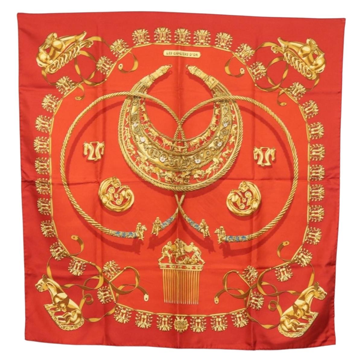 HERMES Carre 90 Scarf Silk ""LES CAVALIERS D'OR"" Red Auth 149769