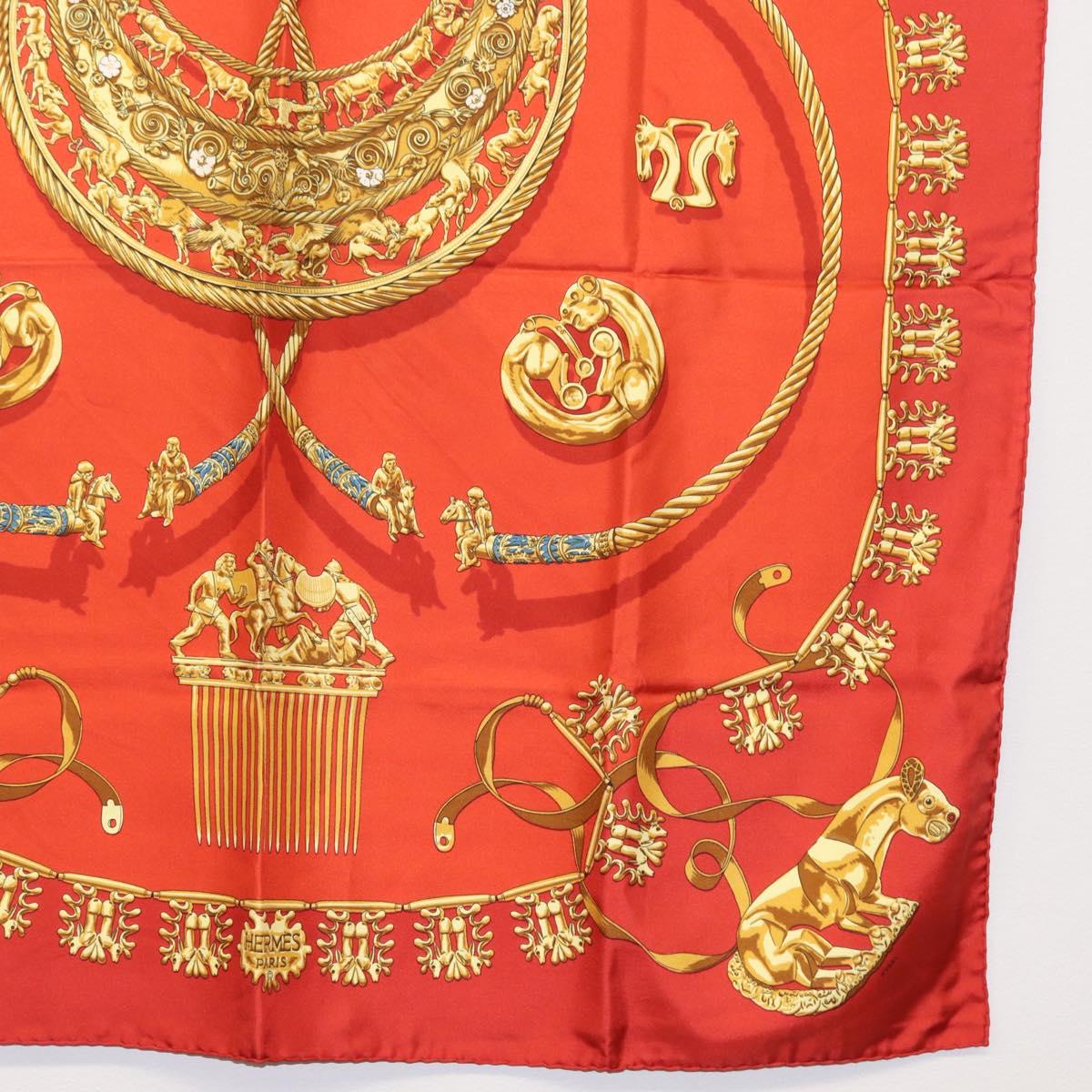 HERMES Carre 90 Scarf Silk ""LES CAVALIERS D'OR"" Red Auth 149769