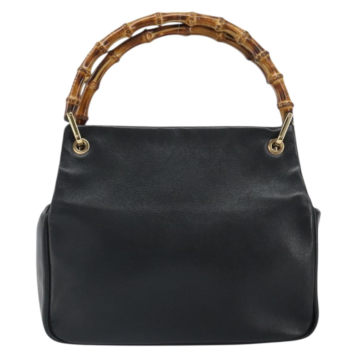 GUCCI Bamboo Hand Bag Leather Black Gold 000 3444 0575 Auth 149792