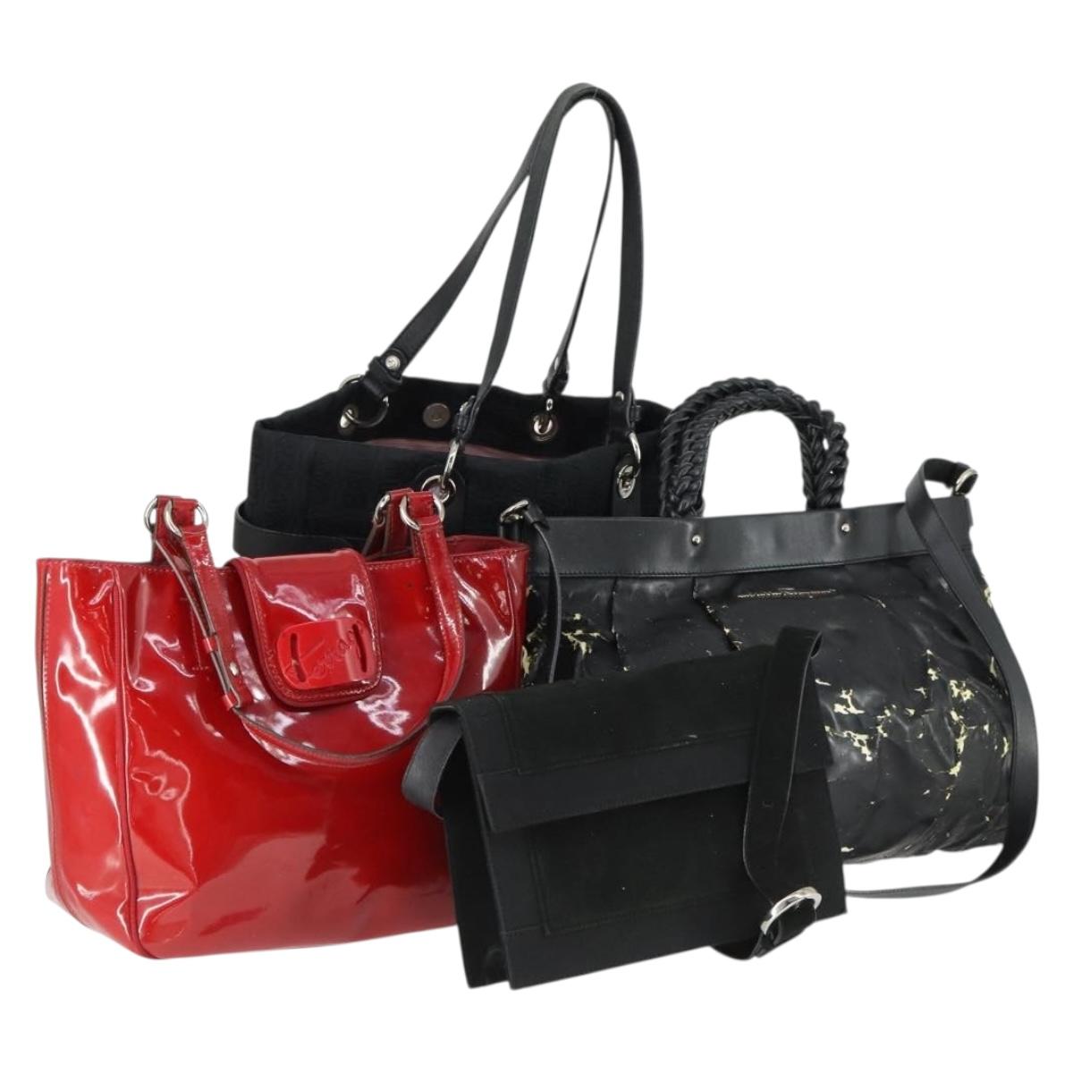 Salvatore Ferragamo Bag Leather Canvas Patent 4 Set Black Red Auth 149824