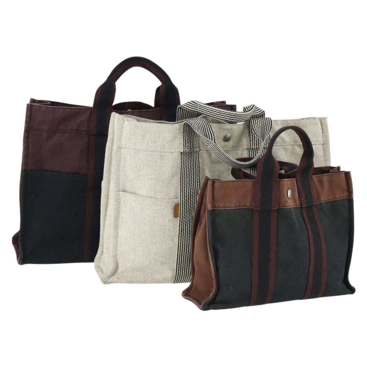 HERMES Fourre Tout Hand Bag Canvas 3 Set Gray Black Navy Auth 149836