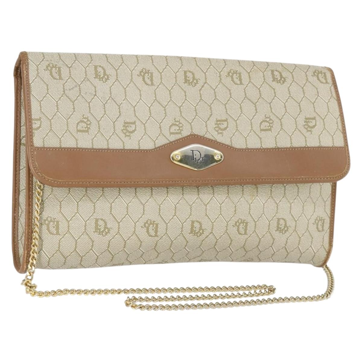 Christian Dior Honeycomb Canvas Chain Shoulder Bag PVC Beige Gold Auth 149887