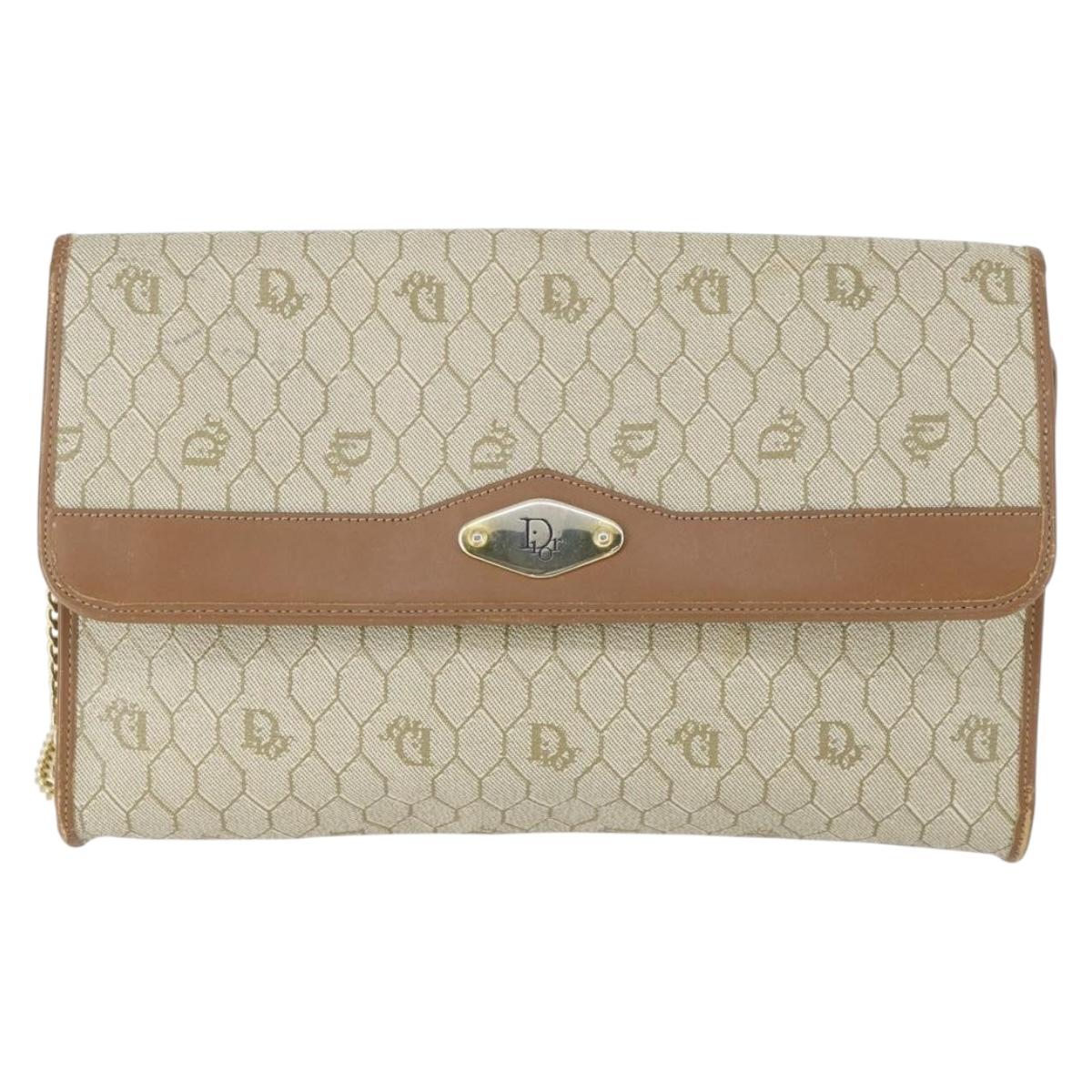 Christian Dior Honeycomb Canvas Chain Shoulder Bag PVC Beige Gold Auth 149887