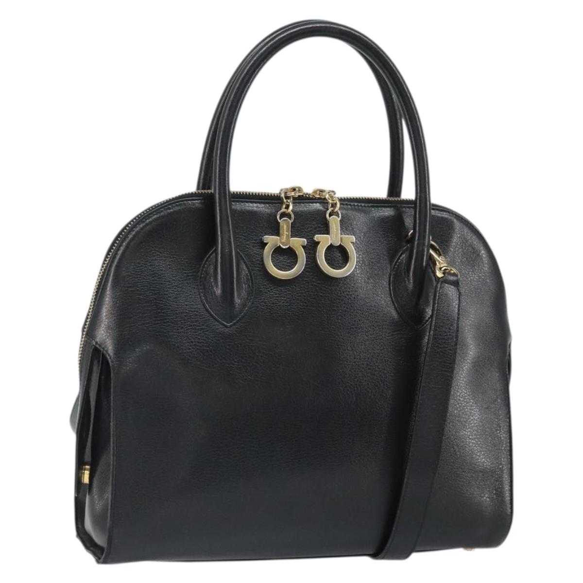 Salvatore Ferragamo Gancini Shoulder Bag Leather 2way Black Gold Auth 149910