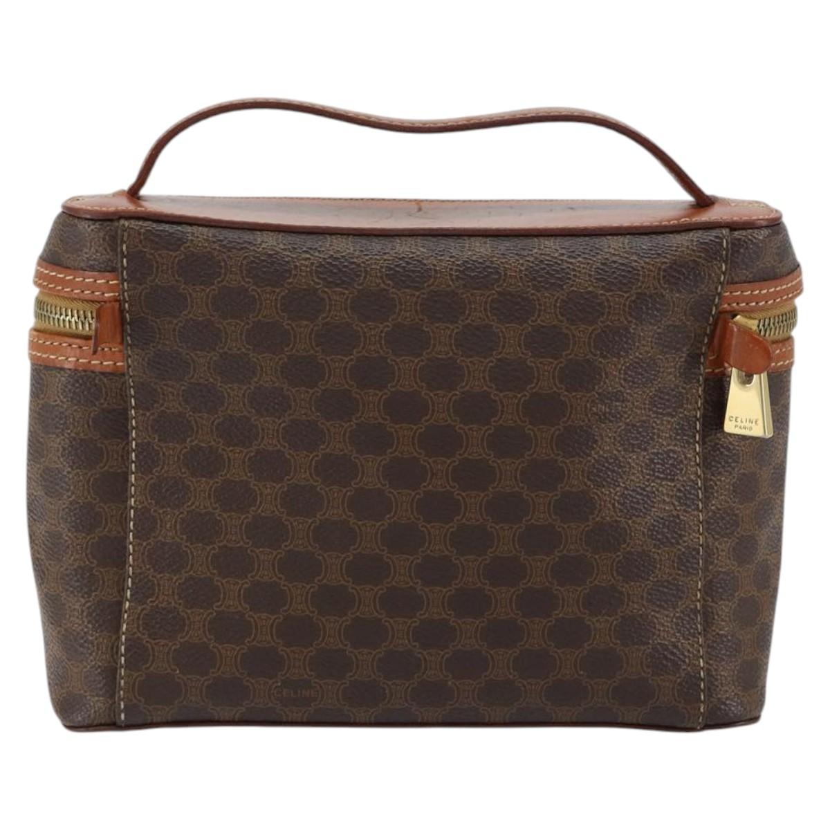 CELINE Macadam Canvas Vanity Pouch PVC Leather Brown Gold Auth 149953
