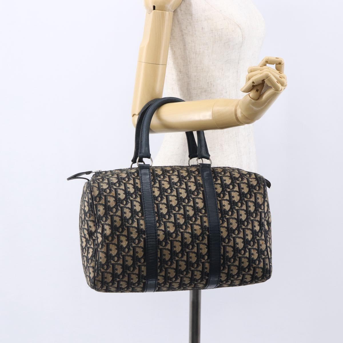 Christian Dior Trotter Canvas Boston Bag Navy Silver Auth 149972