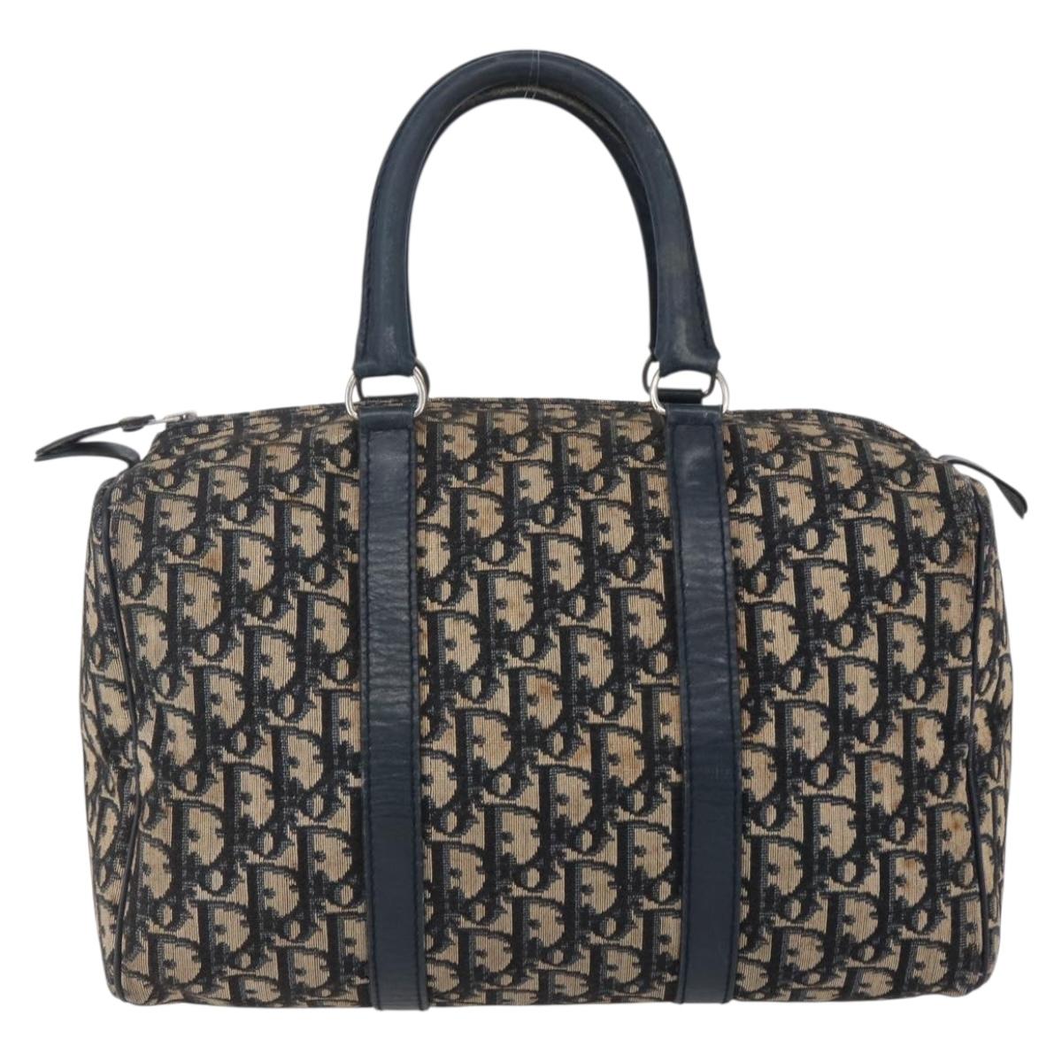 Christian Dior Trotter Canvas Boston Bag Navy Silver Auth 149972