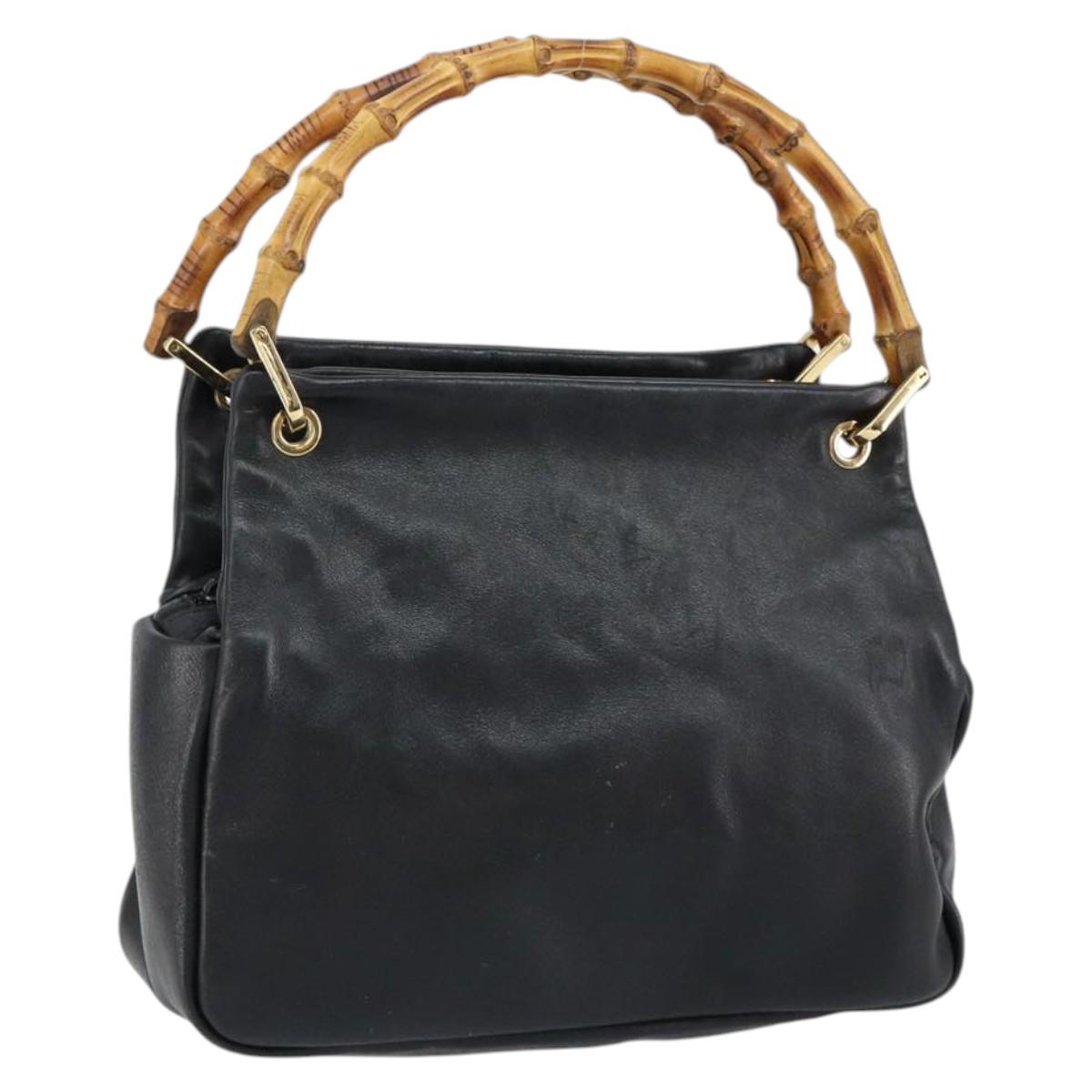 GUCCI Bamboo Hand Bag Leather Black Gold 000 1014 0575 Auth 149974