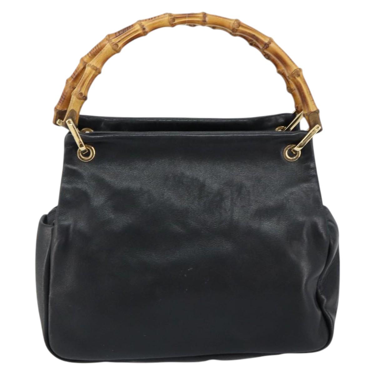 GUCCI Bamboo Hand Bag Leather Black Gold 000 1014 0575 Auth 149974