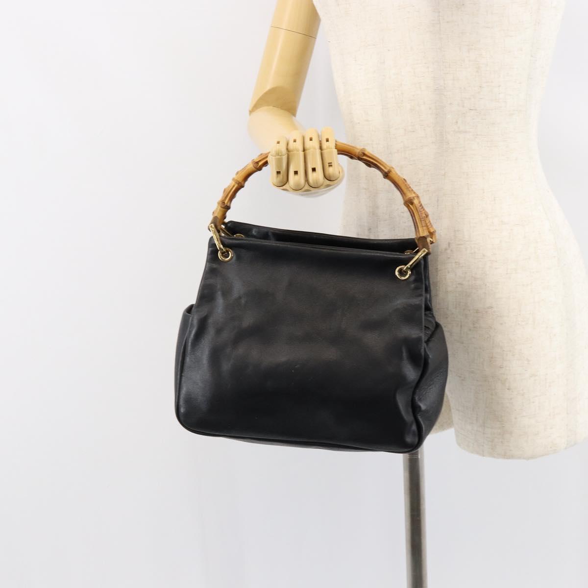 GUCCI Bamboo Hand Bag Leather Black Gold 000 1014 0575 Auth 149974