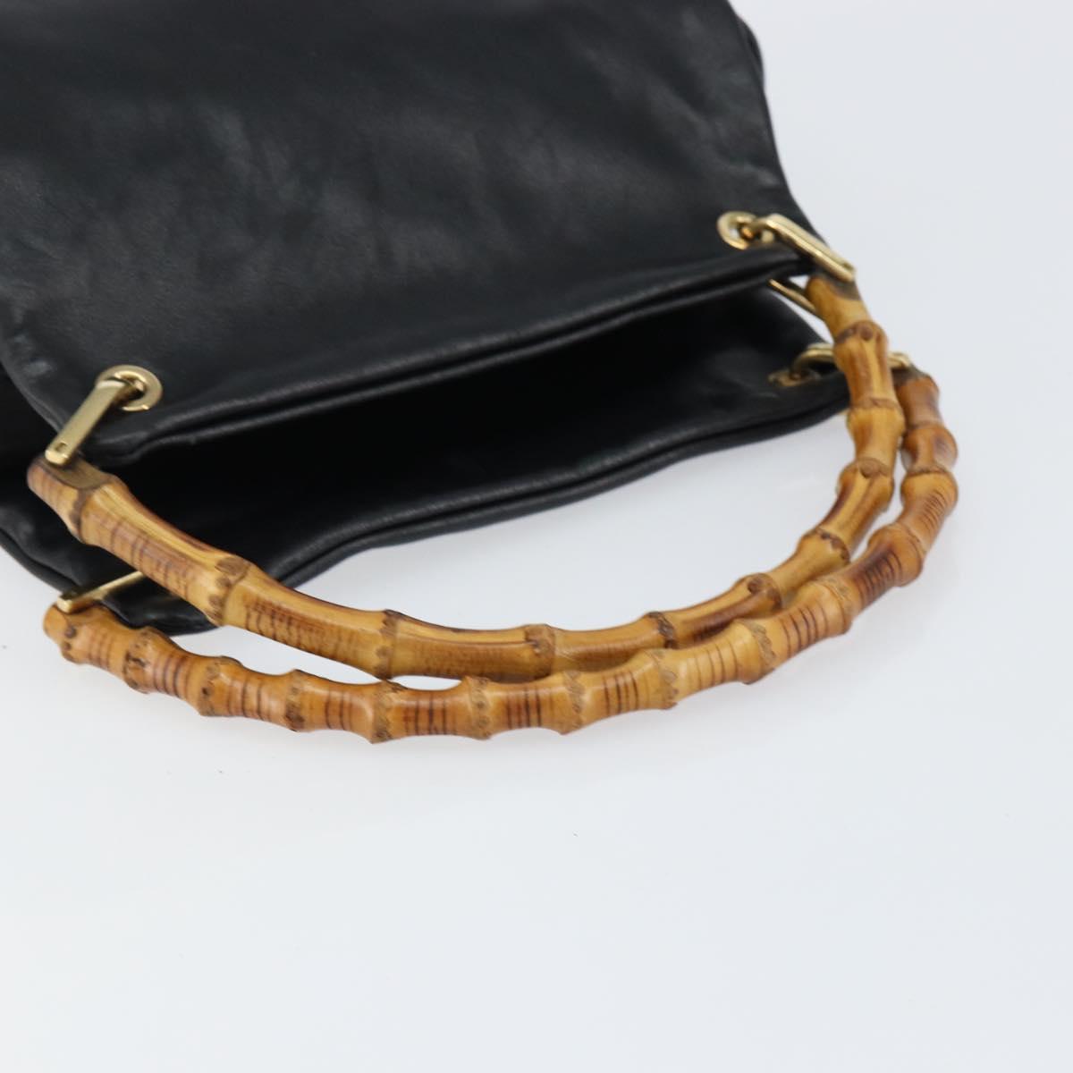 GUCCI Bamboo Hand Bag Leather Black Gold 000 1014 0575 Auth 149974