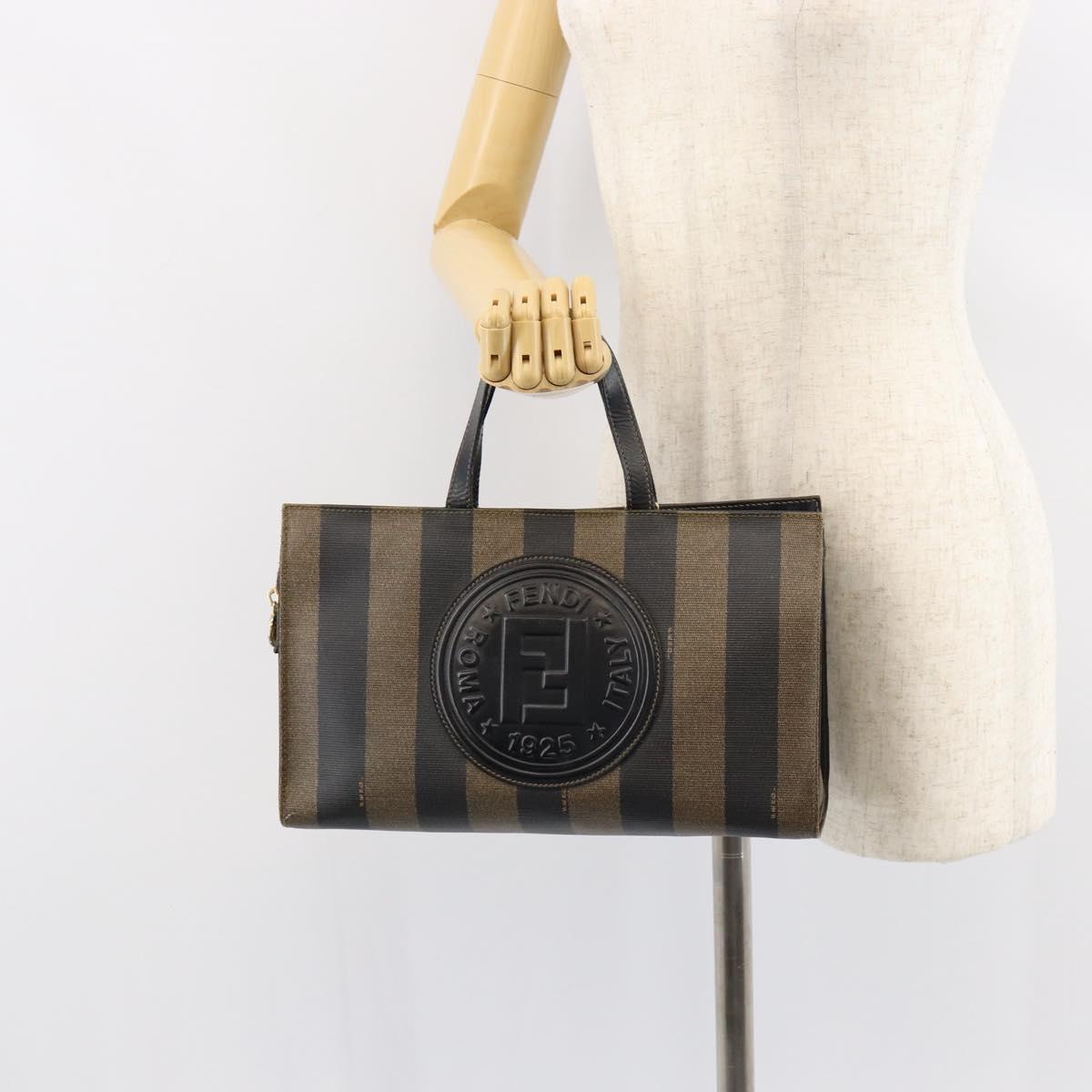 FENDI Pecan Canvas Hand Bag PVC Black Brown gold Auth 150002