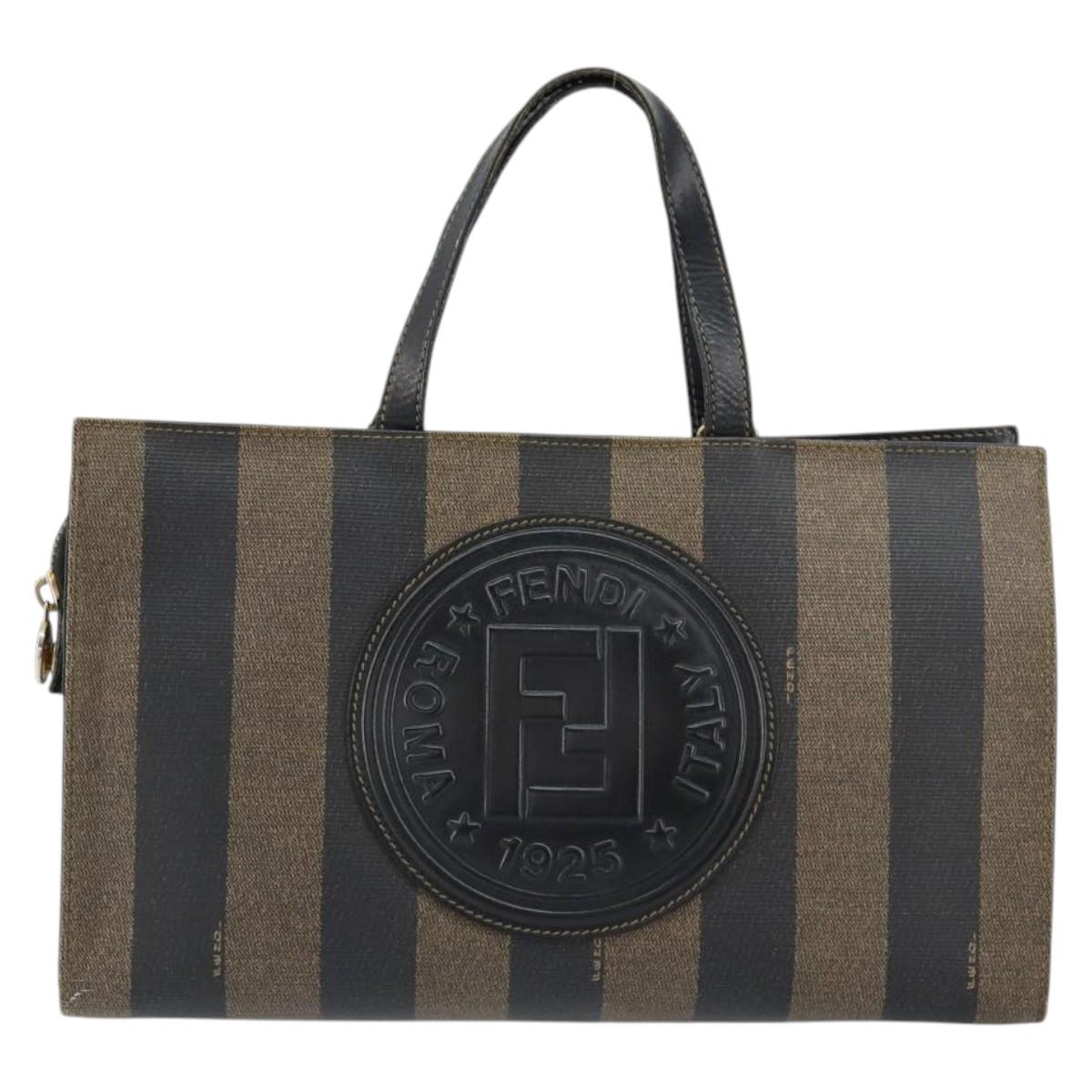 FENDI Pecan Canvas Hand Bag PVC Black Brown gold Auth 150002