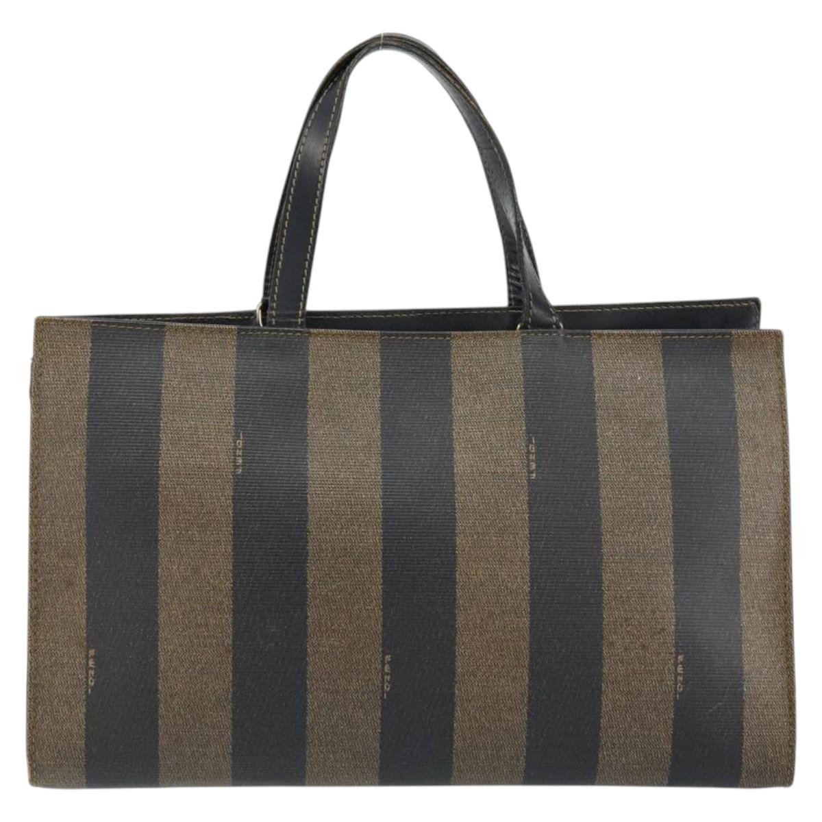 FENDI Pecan Canvas Hand Bag PVC Black Brown gold Auth 150002