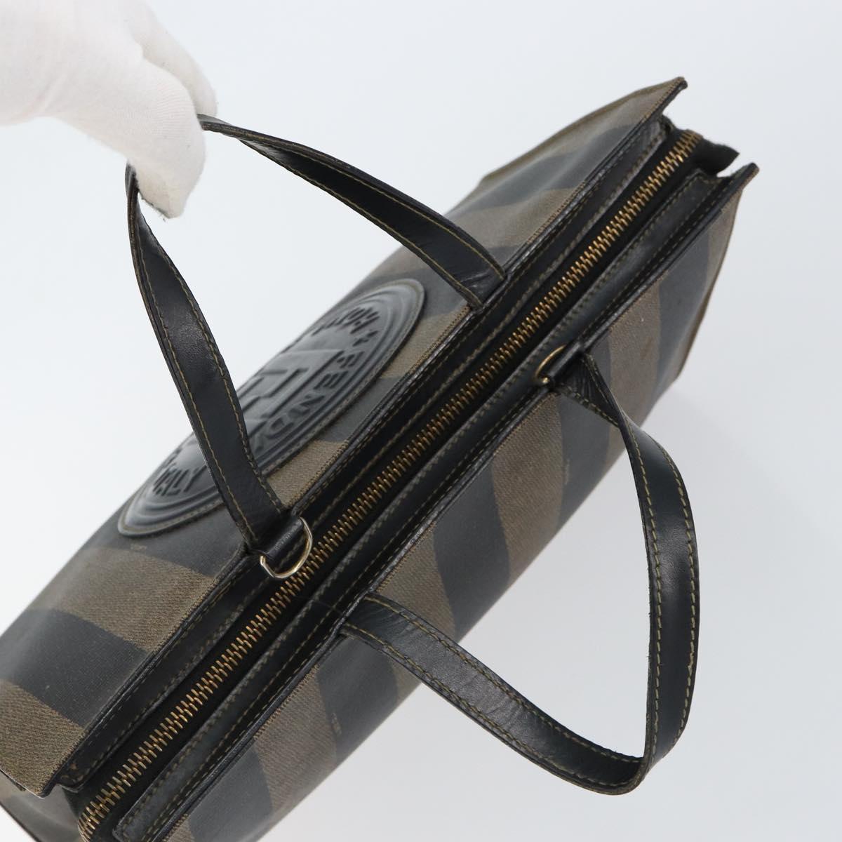 FENDI Pecan Canvas Hand Bag PVC Black Brown gold Auth 150002