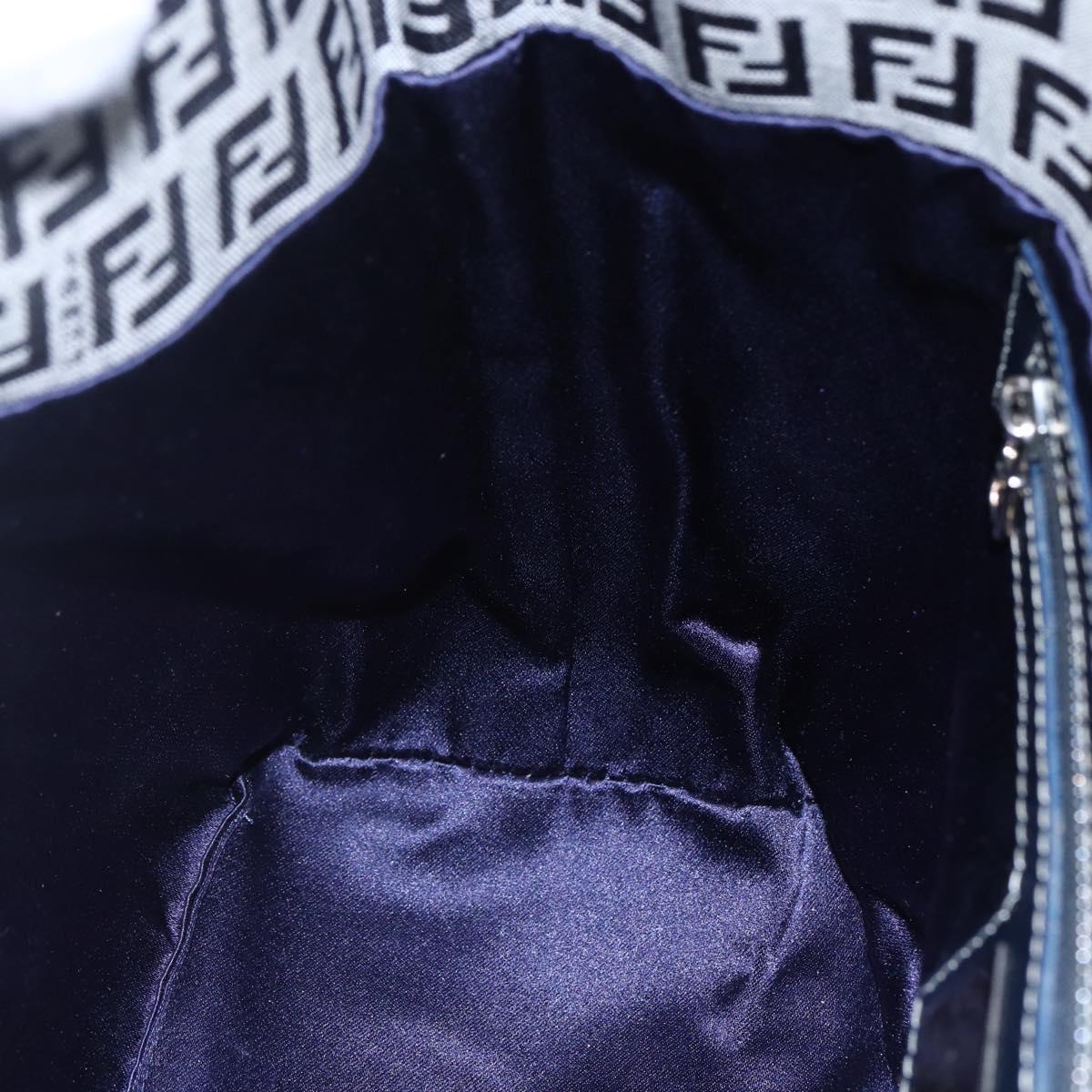 FENDI Zucchino Canvas Shoulder Bag Navy Silver Auth 150032