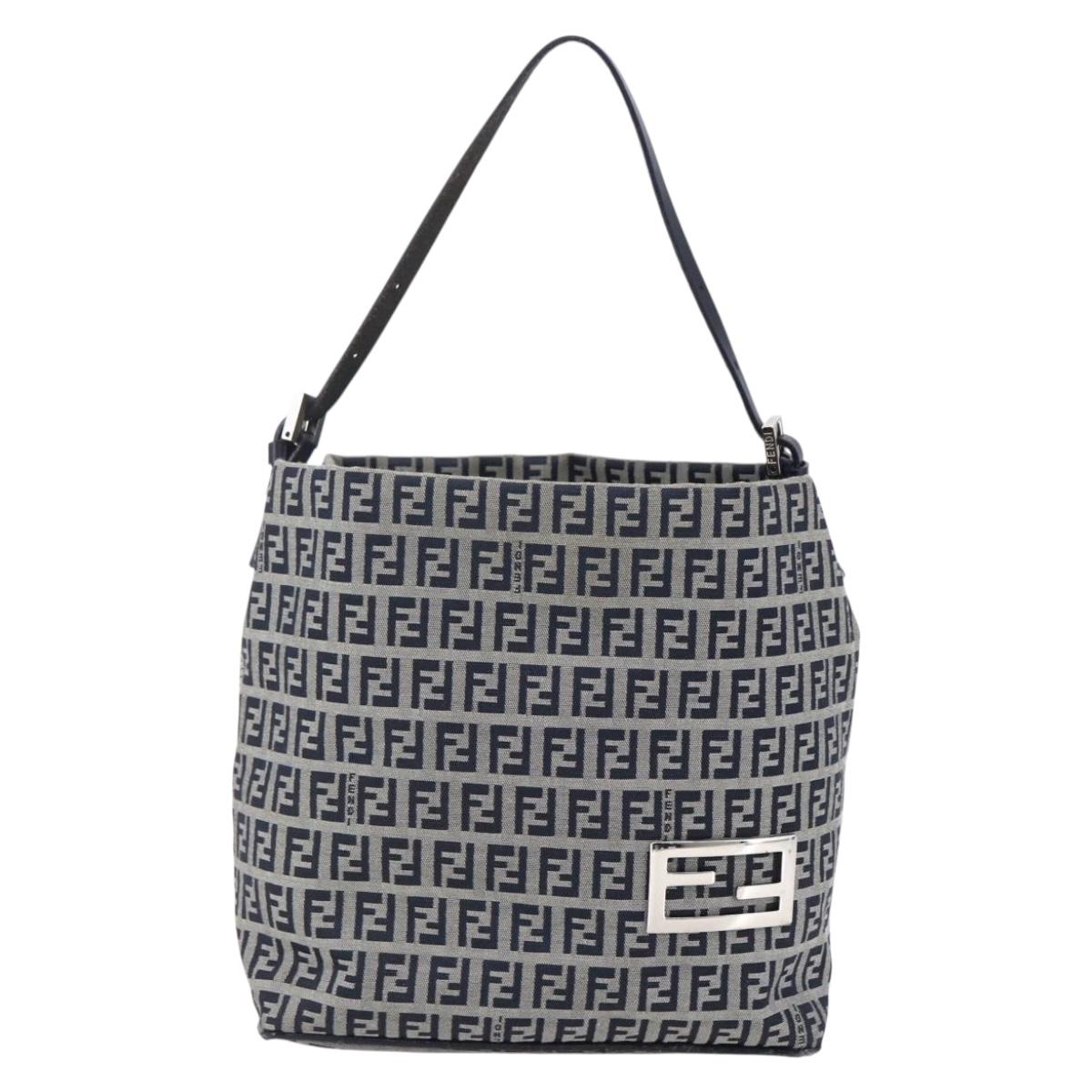 FENDI Zucchino Canvas Shoulder Bag Navy Silver Auth 150032