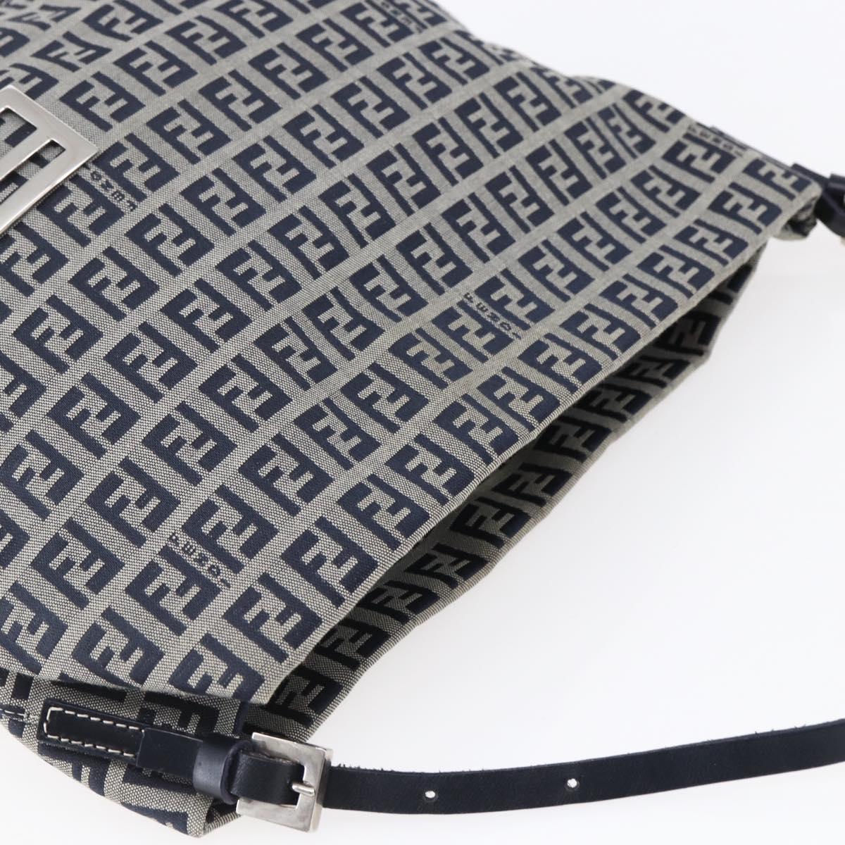 FENDI Zucchino Canvas Shoulder Bag Navy Silver Auth 150032