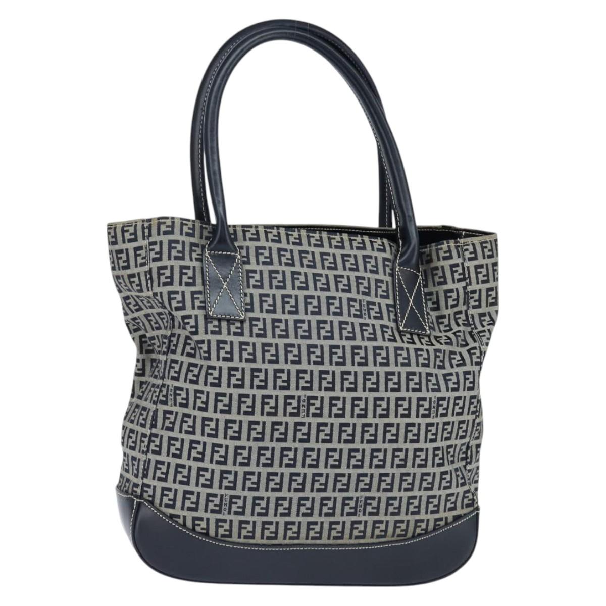 FENDI Zucchino Canvas Tote Bag Navy Silver Auth 150033