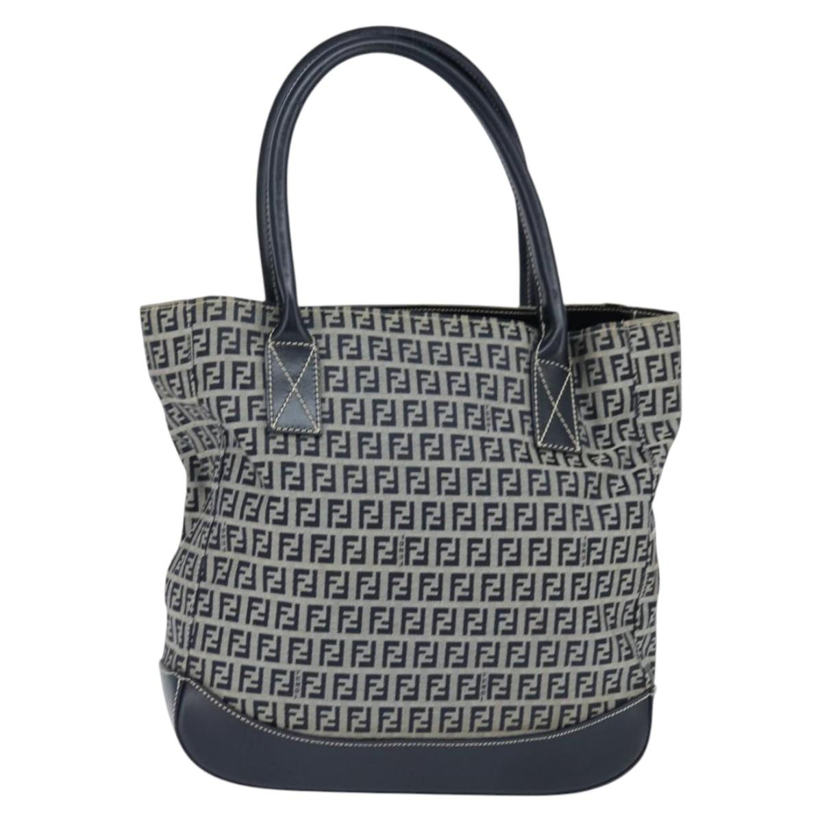 FENDI Zucchino Canvas Tote Bag Navy Silver Auth 150033