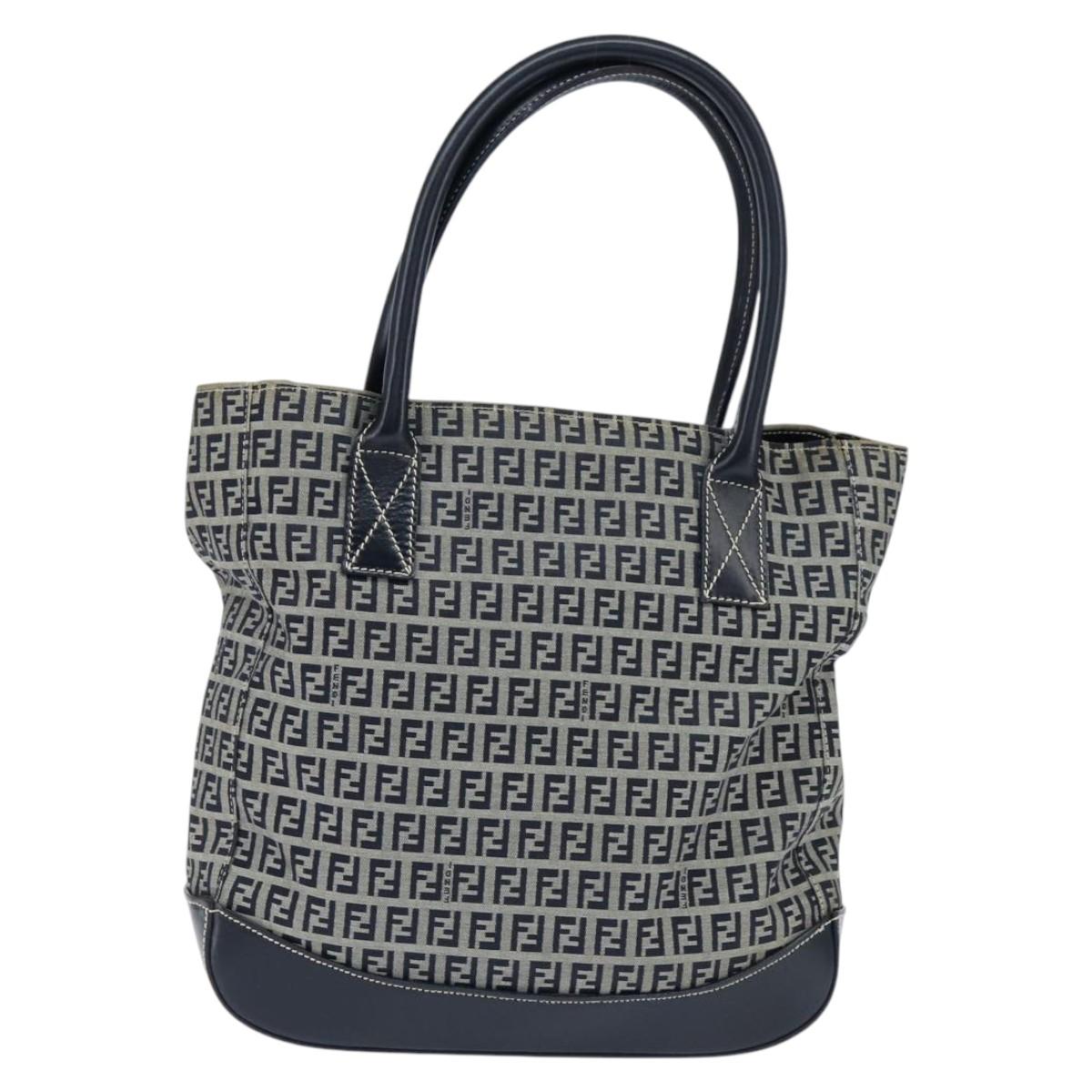 FENDI Zucchino Canvas Tote Bag Navy Silver Auth 150033