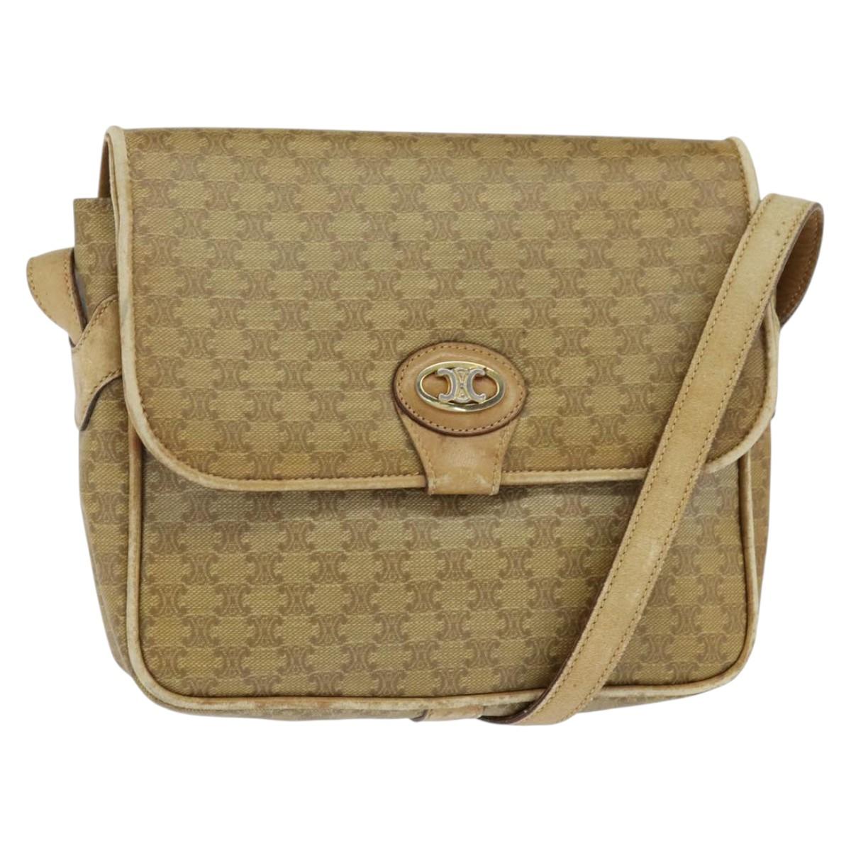CELINE Macadam Canvas Shoulder Bag Beige Gold Auth 150067