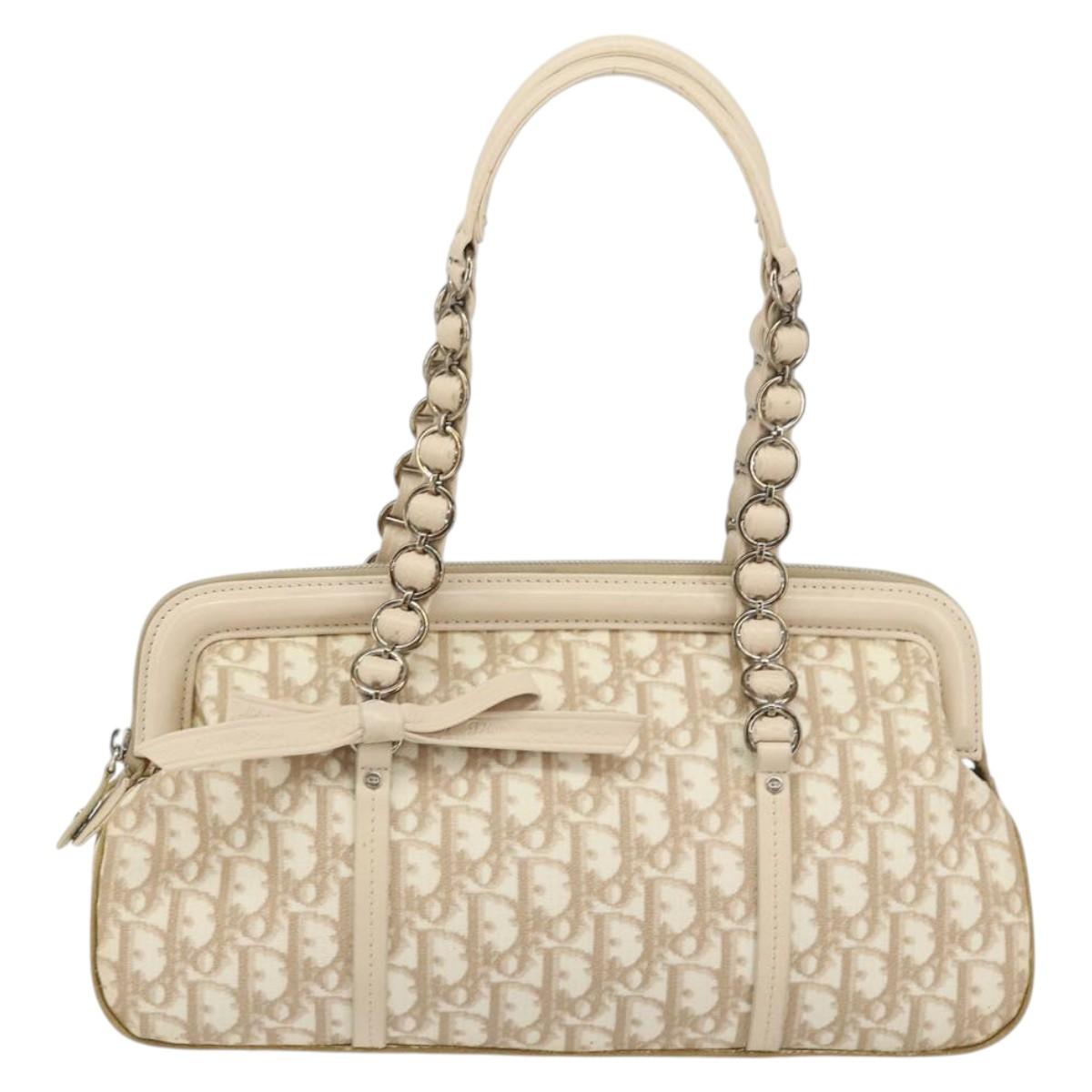 Christian Dior Trotter Canvas Romantic Tote Bag PVC Beige Silver Auth 150070