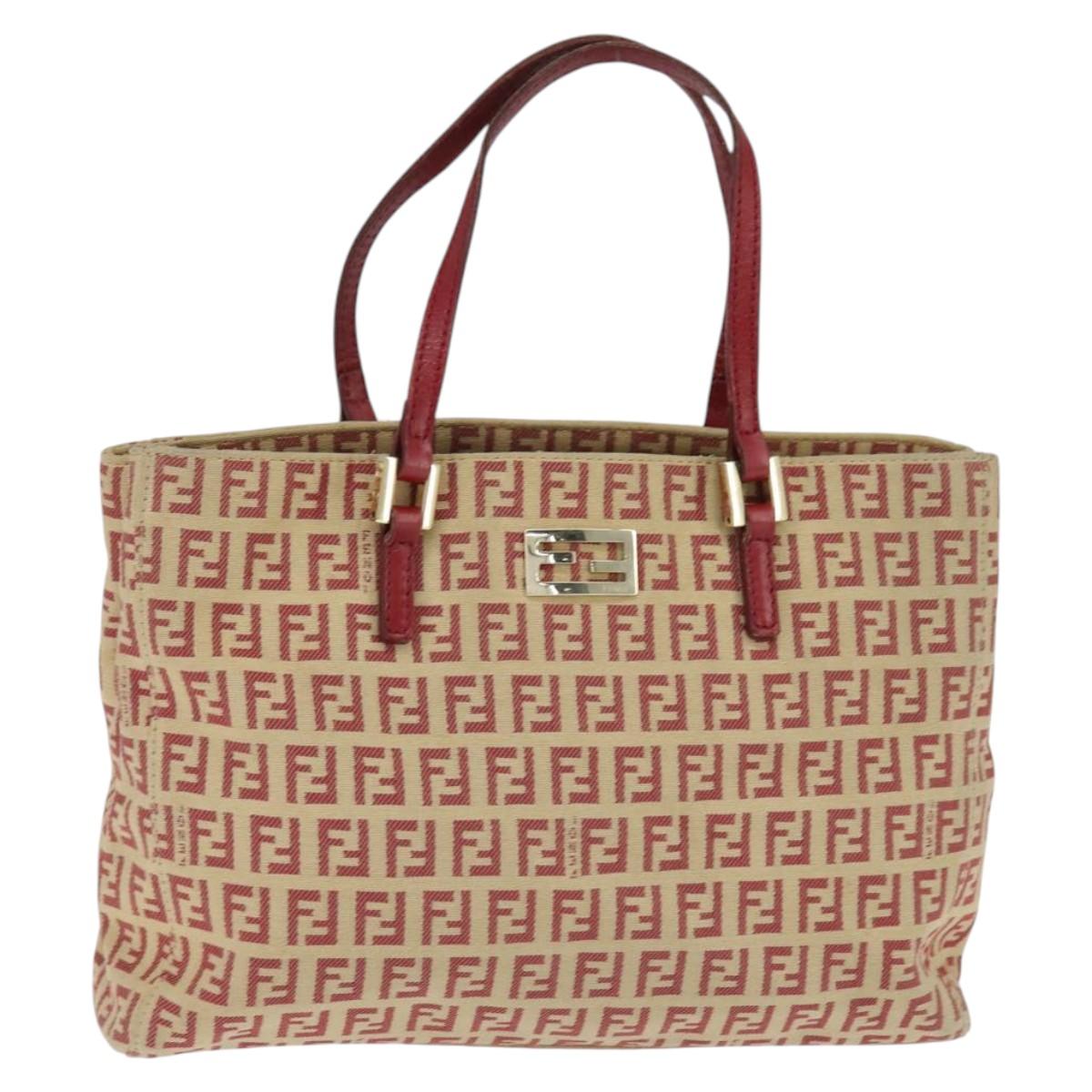 FENDI Zucchino Canvas Hand Bag Red Gold Auth 150073