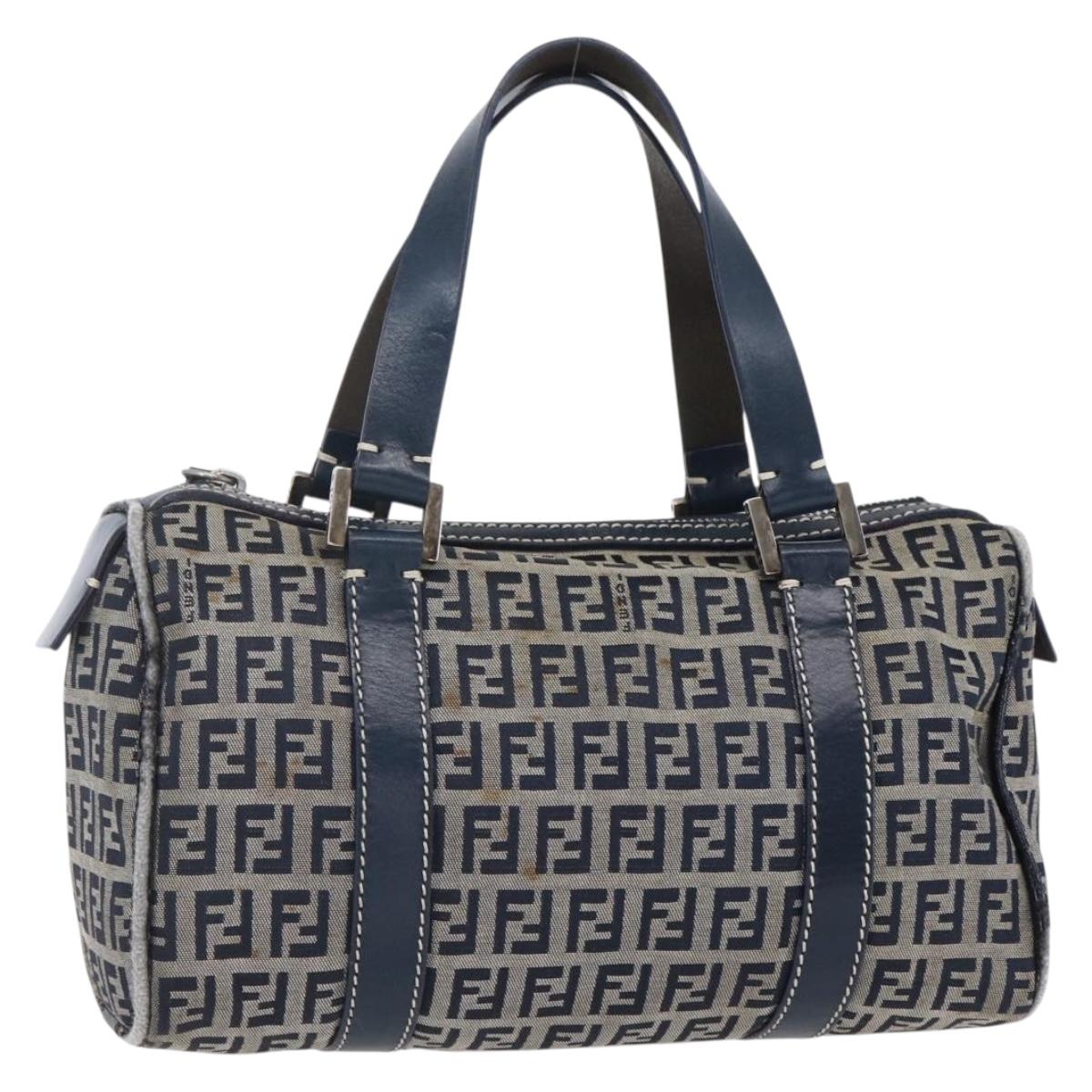 FENDI Zucchino Canvas Hand Bag Navy Silver Auth 150074