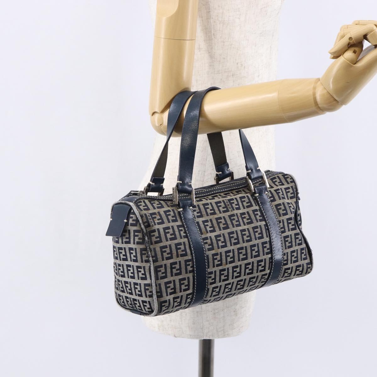 FENDI Zucchino Canvas Hand Bag Navy Silver Auth 150074