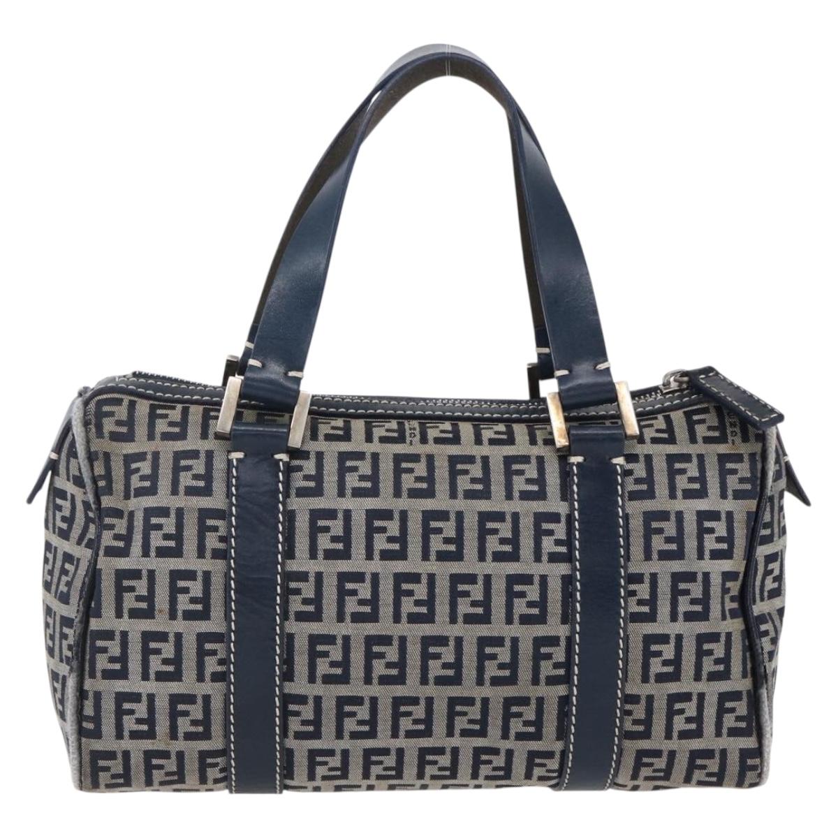 FENDI Zucchino Canvas Hand Bag Navy Silver Auth 150074