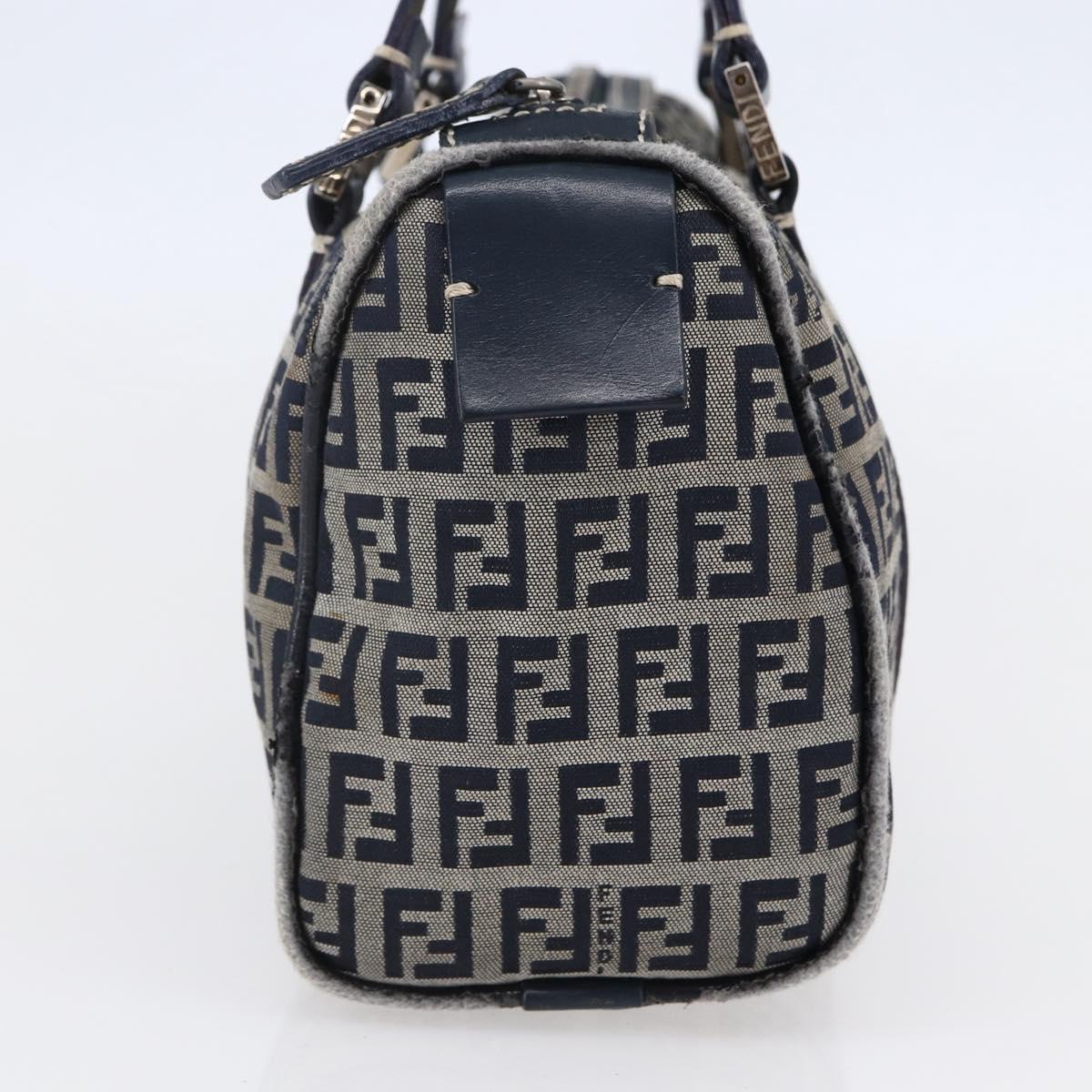 FENDI Zucchino Canvas Hand Bag Navy Silver Auth 150074
