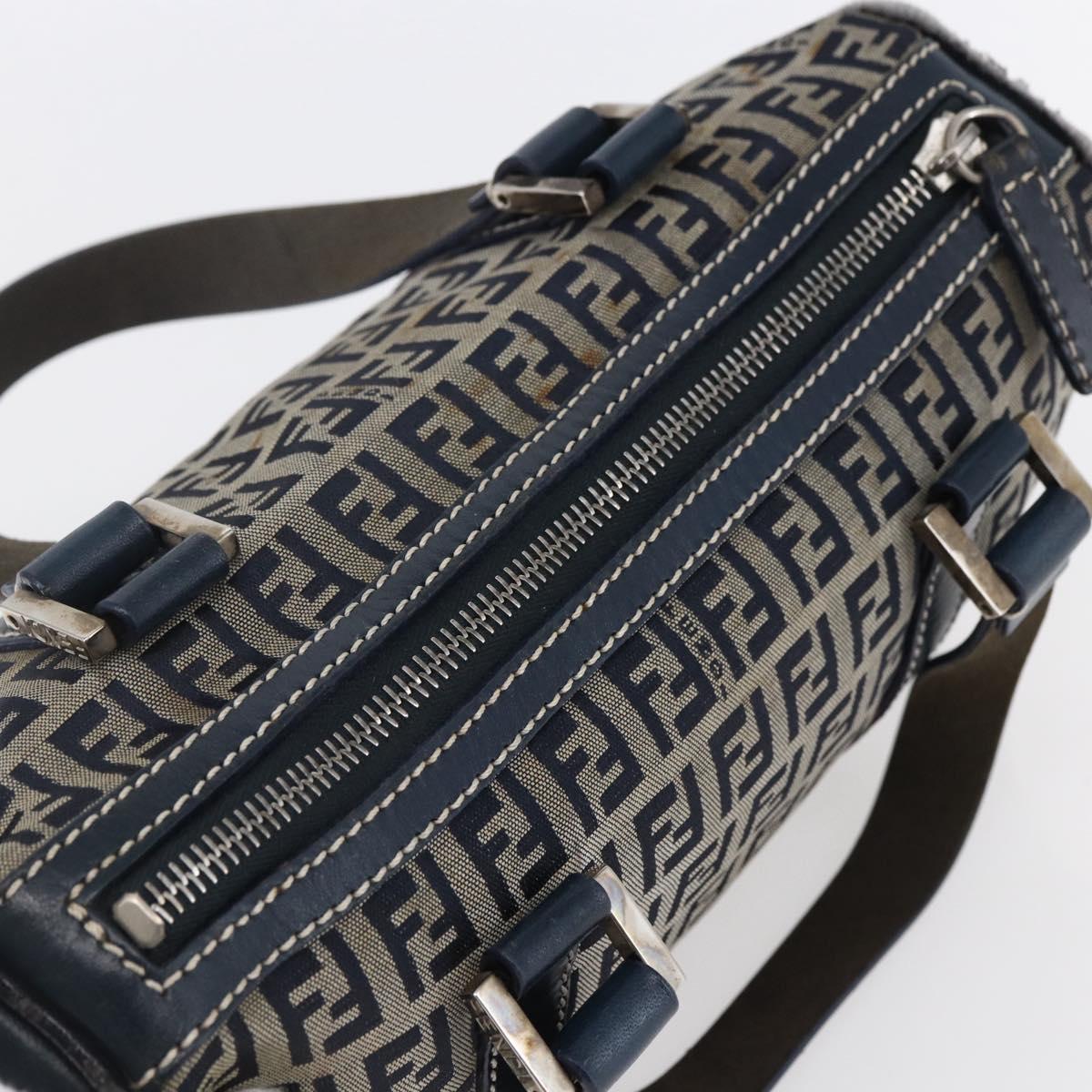 FENDI Zucchino Canvas Hand Bag Navy Silver Auth 150074