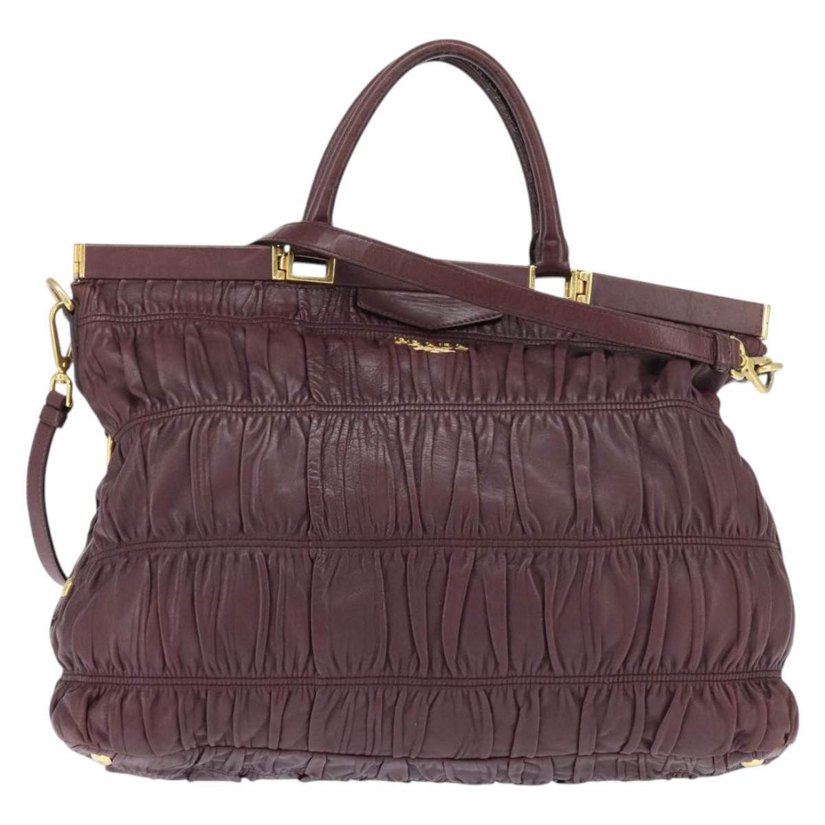 PRADA Gathered Hand Bag Leather 2way Bordeaux Gold Auth 150088