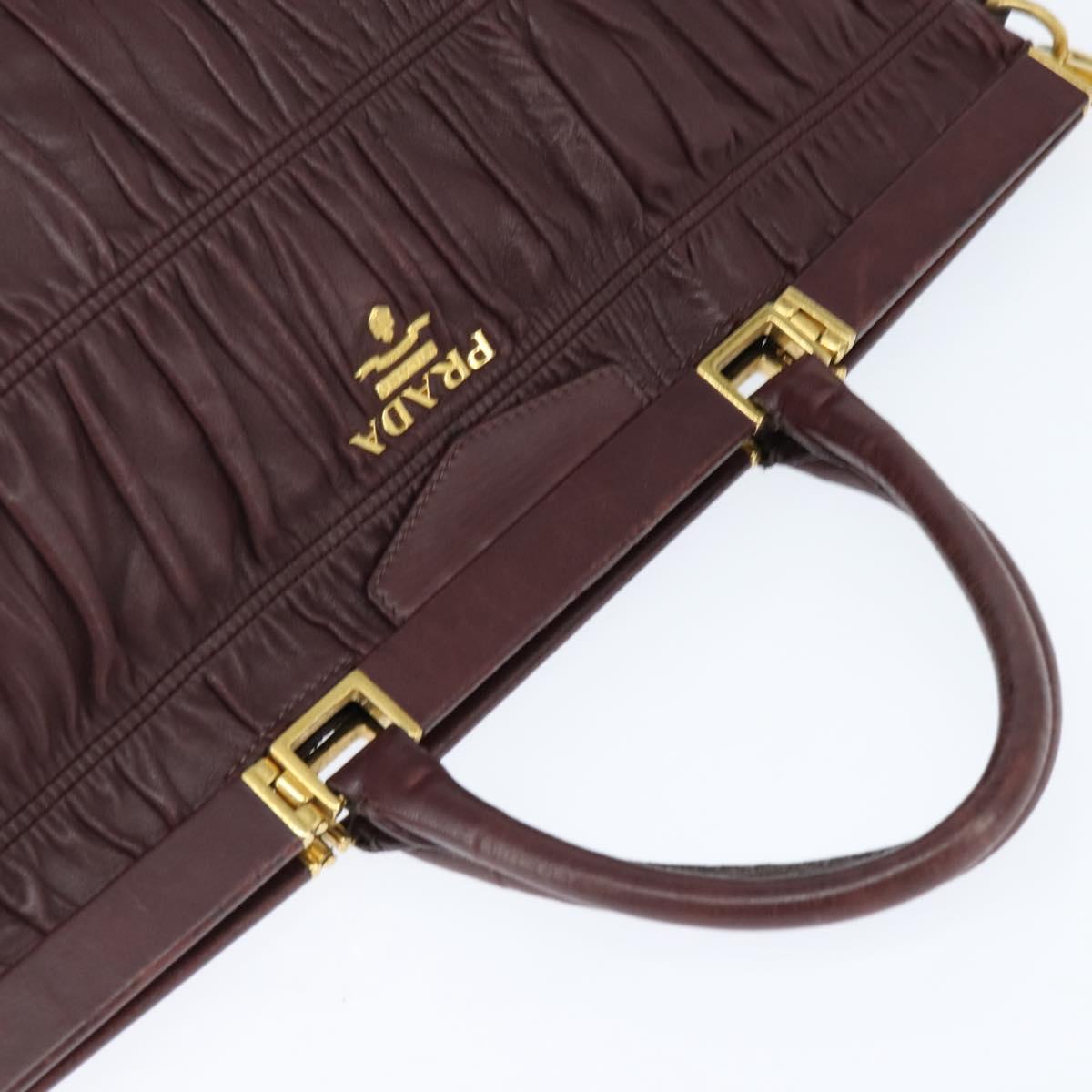 PRADA Gathered Hand Bag Leather 2way Bordeaux Gold Auth 150088