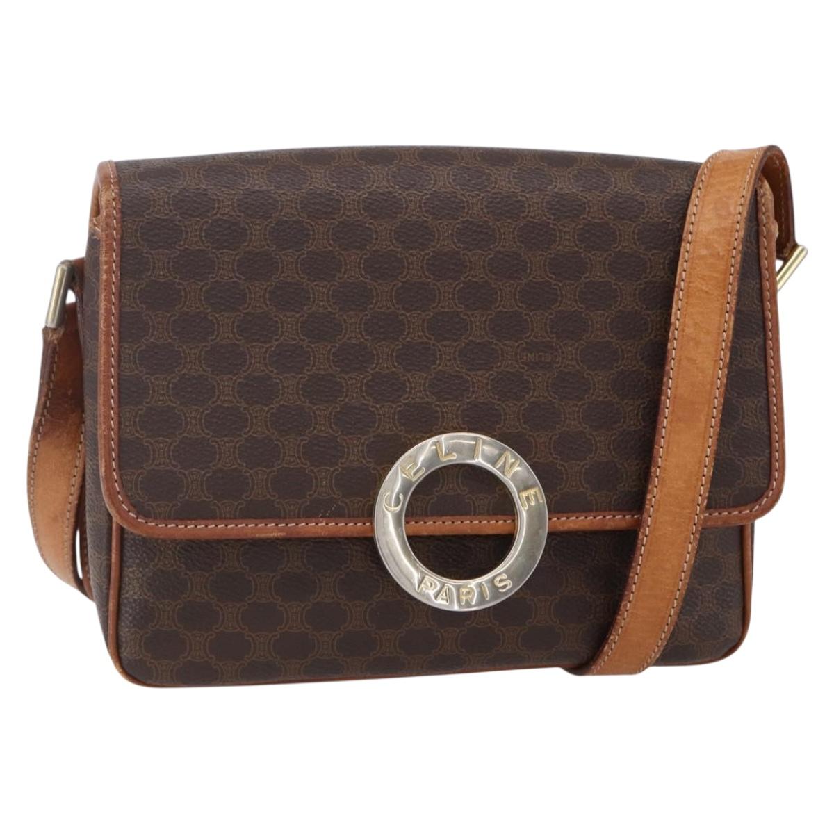 CELINE Macadam Canvas Shoulder Bag PVC Leather Brown Gold Auth 150117