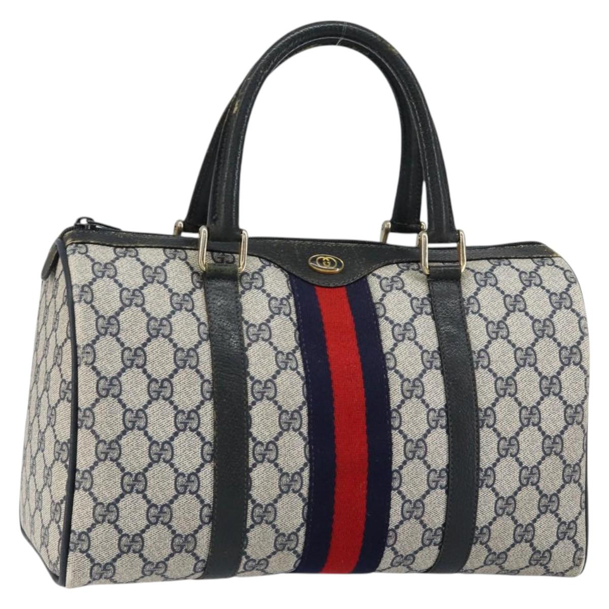 GUCCI GG Supreme Sherry Line Boston Bag PVC Navy Gold Red Auth 150128