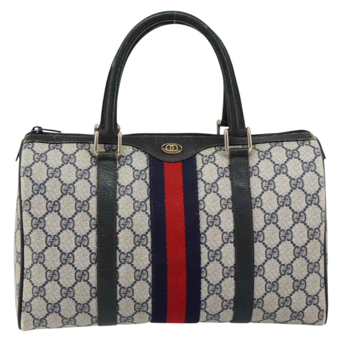 GUCCI GG Supreme Sherry Line Boston Bag PVC Navy Gold Red Auth 150128