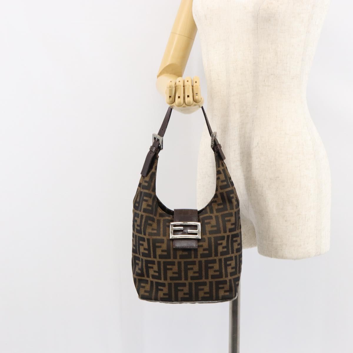 FENDI Zucca Canvas Mamma Baguette Shoulder Bag Black Brown Silver Auth 150142