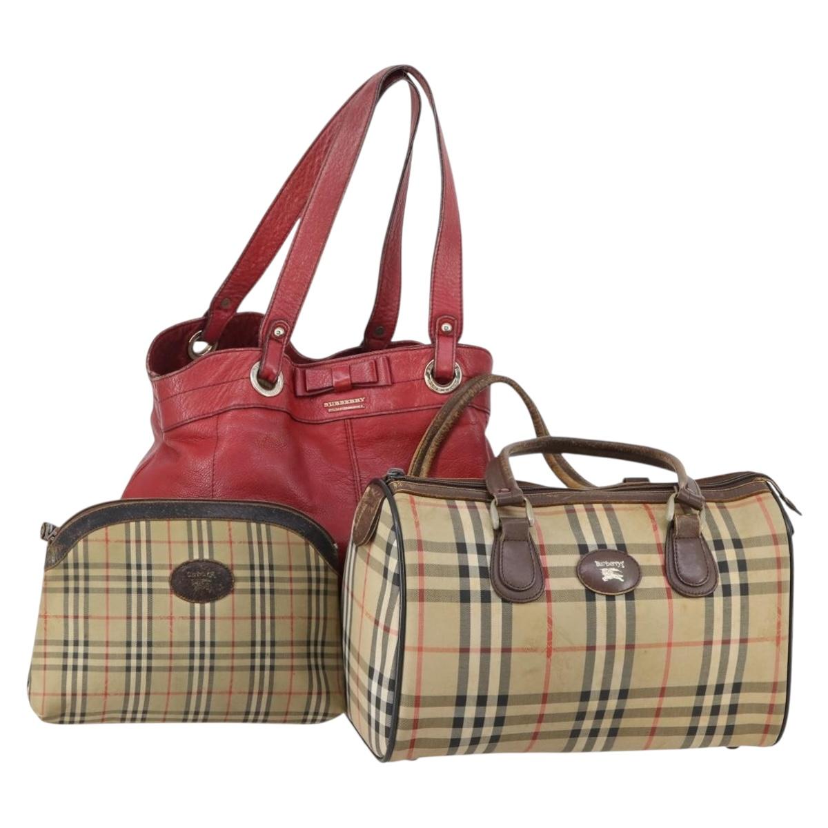 Burberrys Nova Check Boston Bag Canvas Leather 3 Set Beige Red Auth 150204