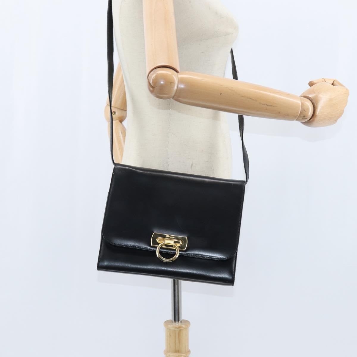Salvatore Ferragamo Gancini Shoulder Bag Leather Black Gold Auth 150291