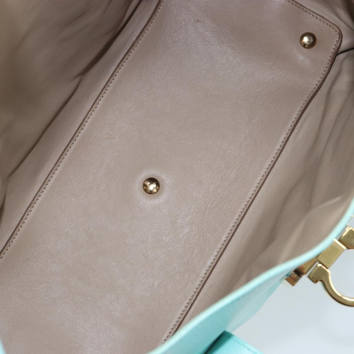 Salvatore Ferragamo Gancini Hand Bag Leather Turquoise Blue Gold Auth 150296