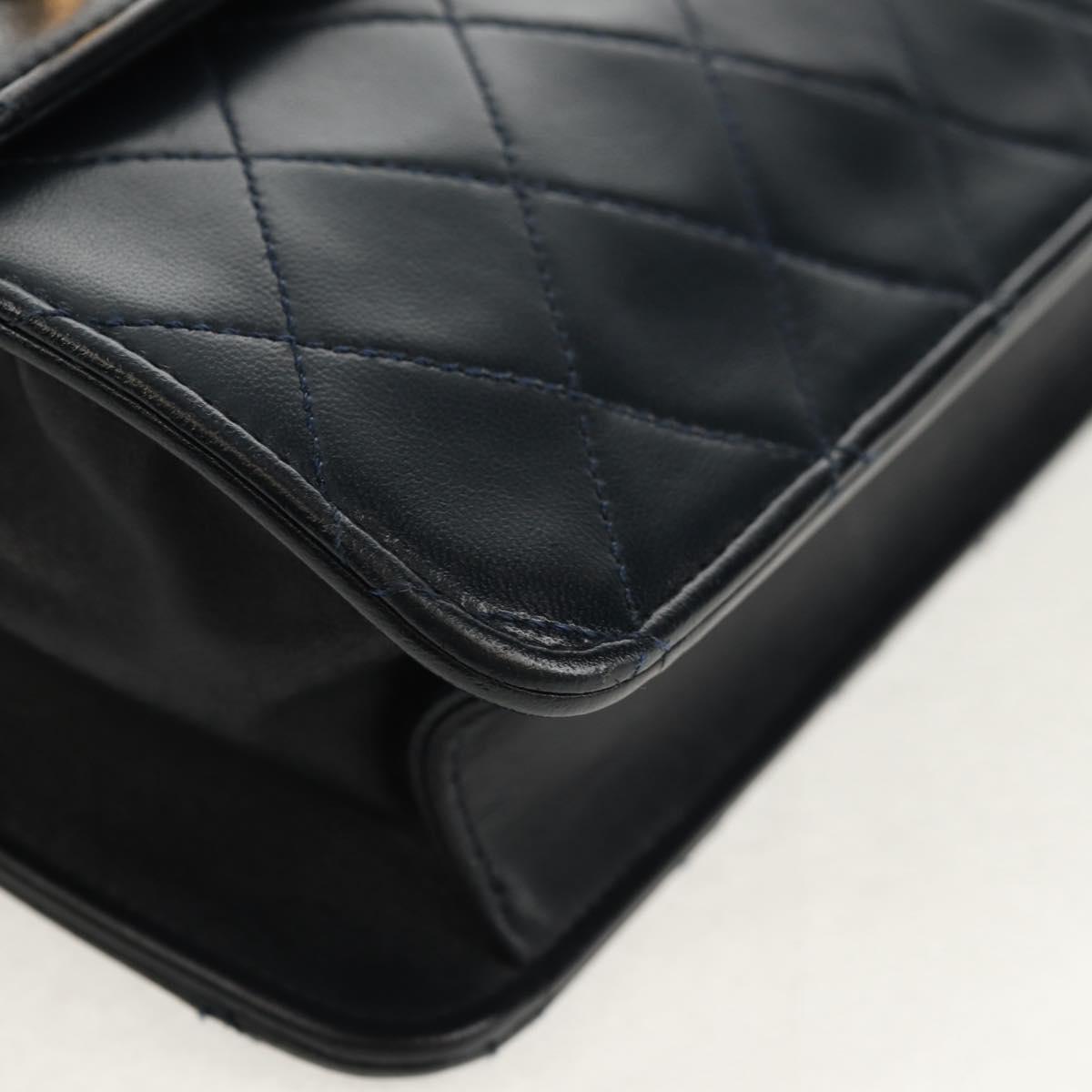 CHANEL Matelasse Double Turn Lock Chain Bag Lamb Skin 2way Navy CC Auth 150317SM