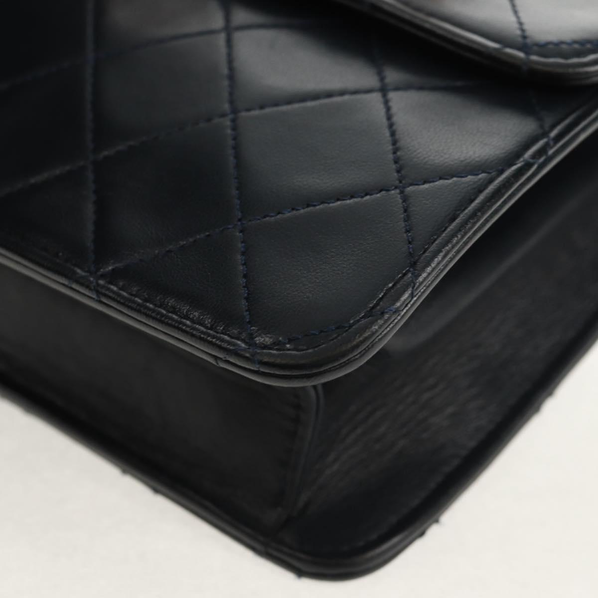 CHANEL Matelasse Double Turn Lock Chain Bag Lamb Skin 2way Navy CC Auth 150317SM